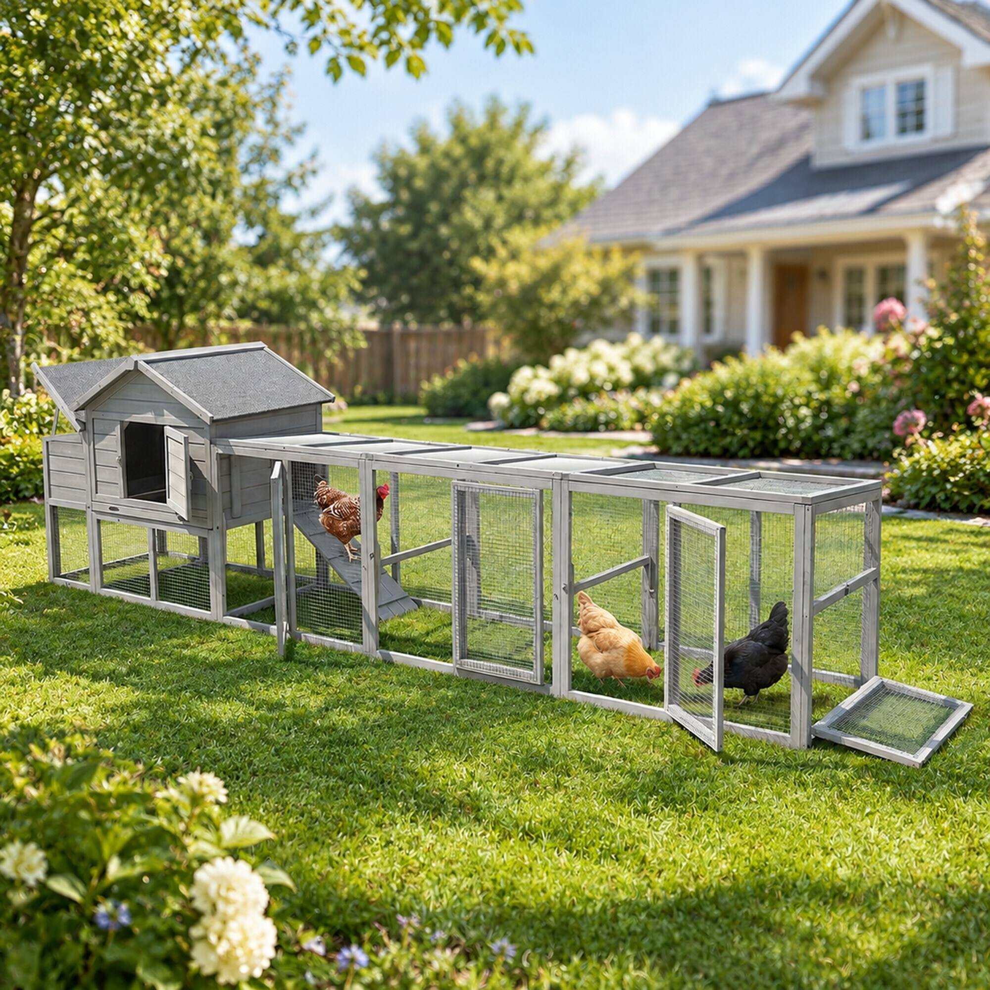 Left. RYHNUYNE - 141 in Wooden Chicken Coop, Outdoor Hen House, Nesting Box, Waterproof Anti-UV Panel, Wire Fence.