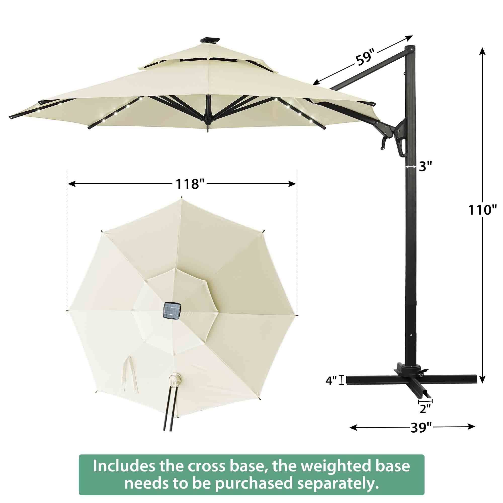 59" 118" 3" 110" 4" 2" 39" Includes the cross base, the weighted base needs to be purchased separately.