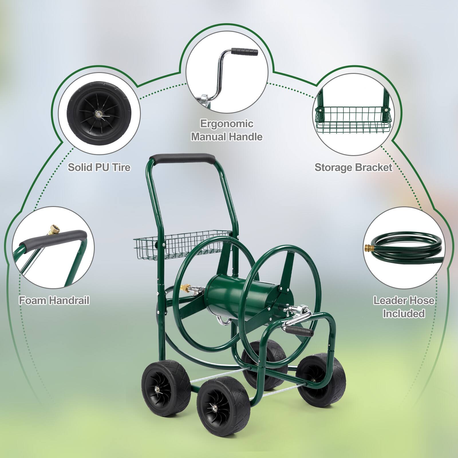 Ergonomic Manual Handle  
Solid PU Tire  
Storage Bracket  
Foam Handrail  
Leader Hose Included