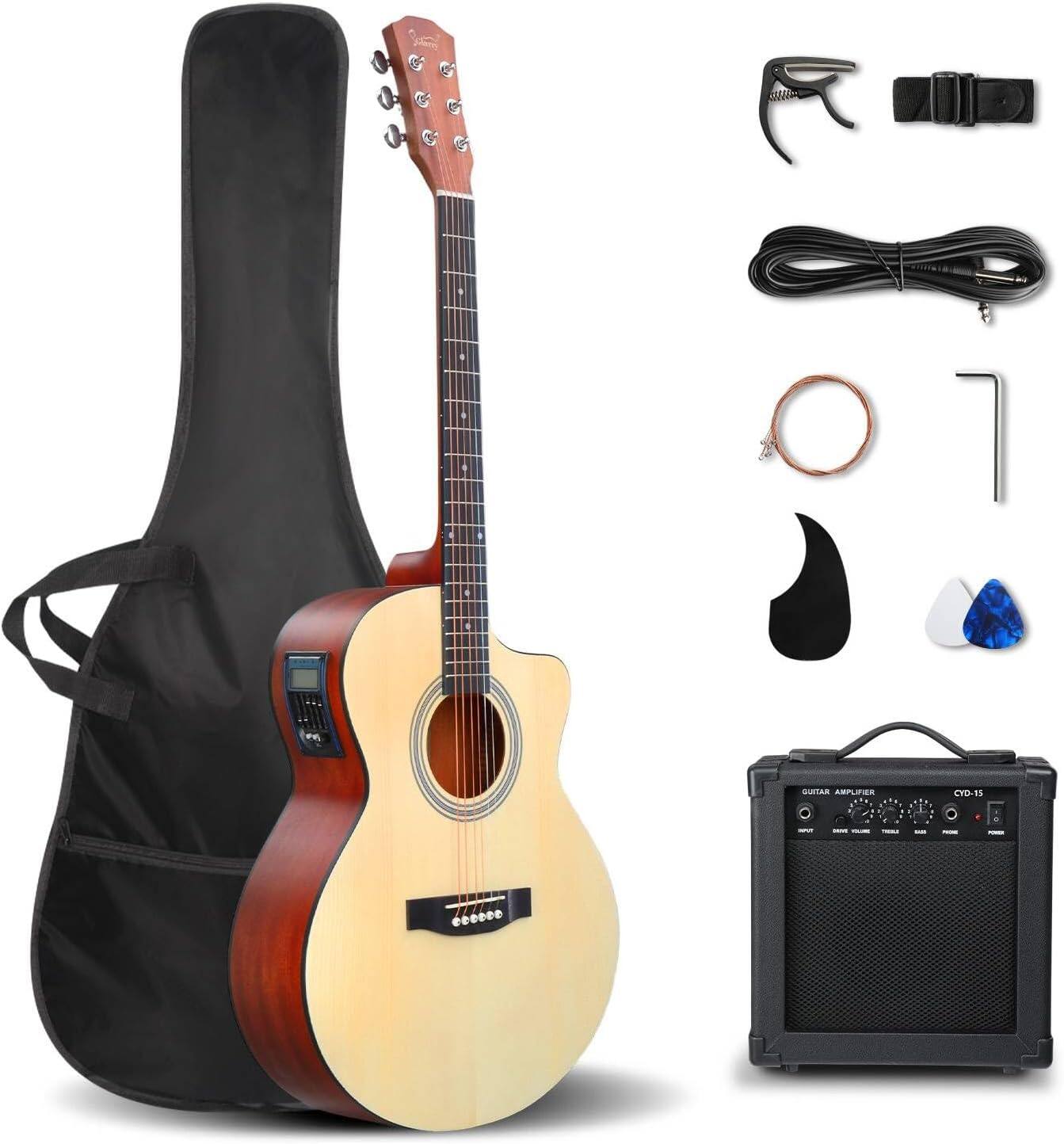 Winado - 41in Full Size Acoustic Electric Guitar Beginner Kit with 15W Amp, 5-band EQ Cutway Design 6 Strings Electric Acoustic G