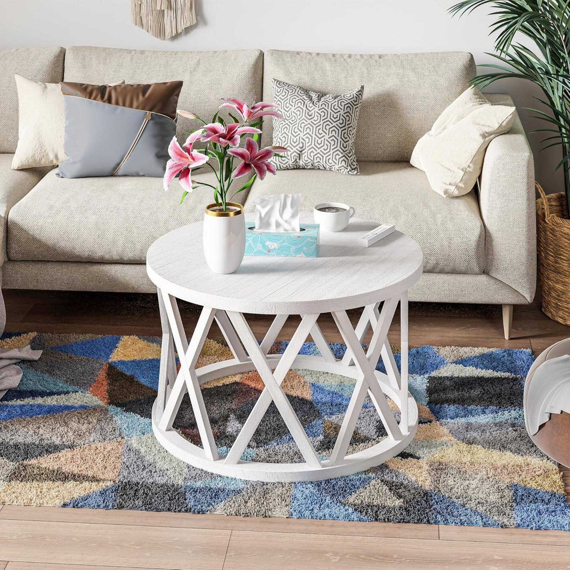 Alt View 7. COZAYH - COZAYH Rustic Farmhouse Round Coffee Table, X-Motifs Legs & Wood Textured Top - Antique white.