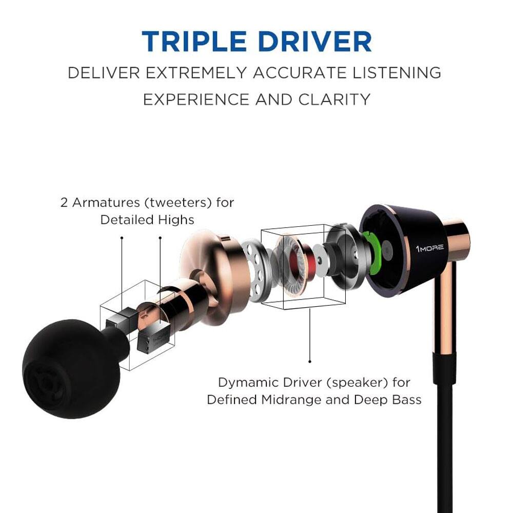 Left. 1MORE - Triple Driver In-Ear Headphones - Gold.