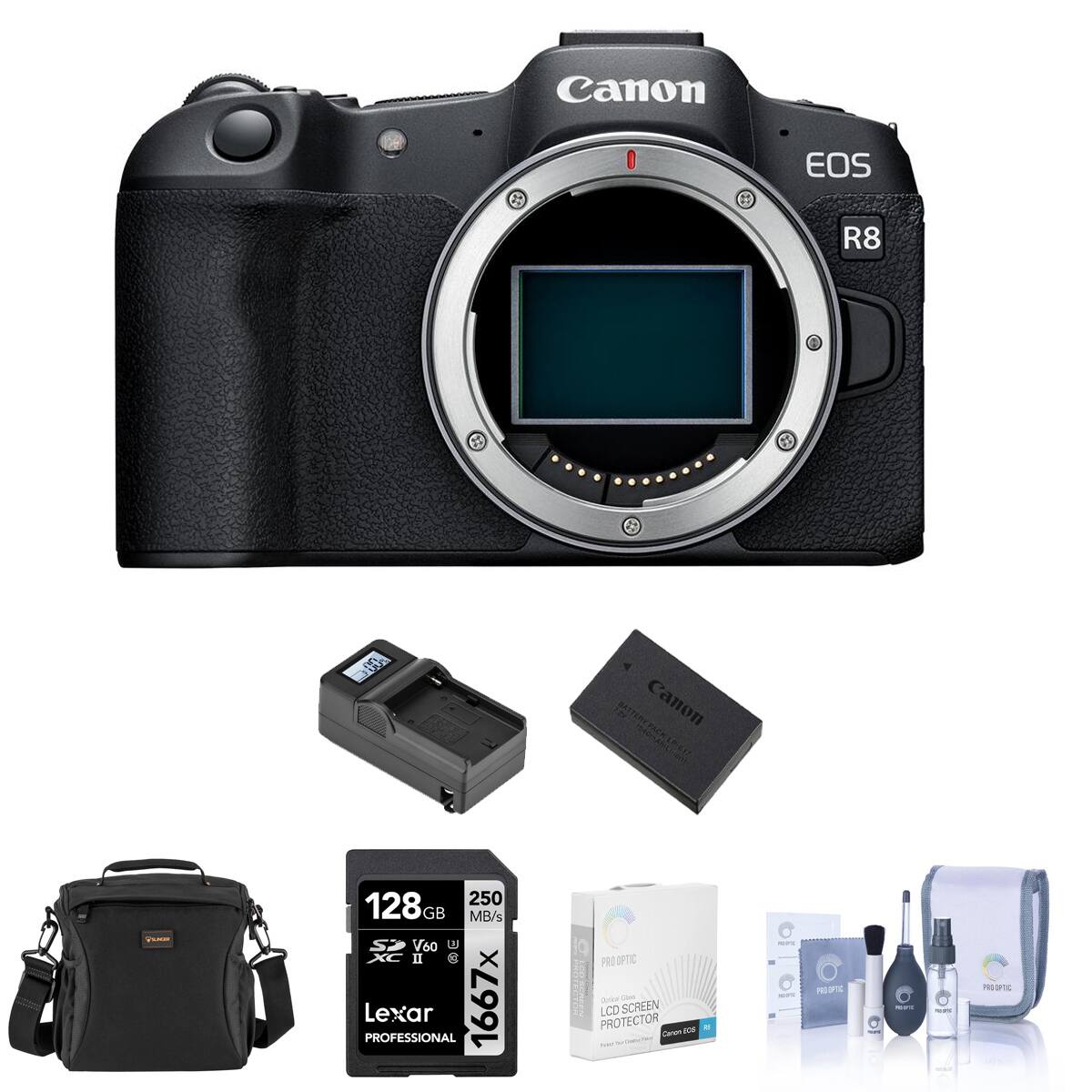 Canon EOS R8

H. 7.29

Canon TERM

250 128GB GB MB/s SD V60 U XC II @ X Lexar PROFESSIONAL 1667x

PROOPTIC Carcial Cas LCD SCREEN PROTECTOR Calcium FCS PLANT

NEW OFIC SOFT MEXIC

Sodium

PROOPTIC
