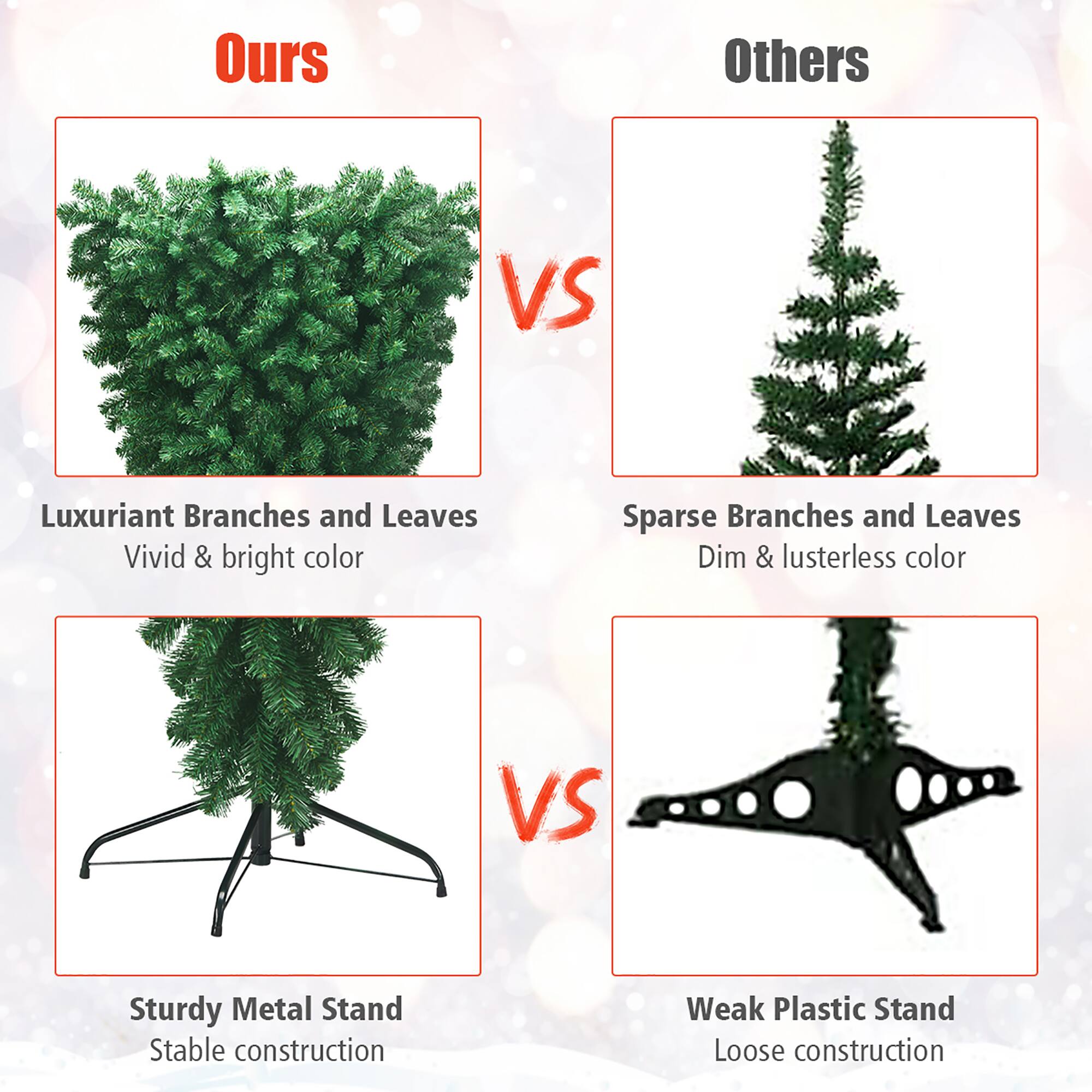 Ours vs Others:

* Luxuriant Branches and Leaves: Vivid & bright color
* Sparse Branches and Leaves: Dim & lusterless color

Sturdy Metal Stand:

* Stable construction

Weak Plastic Stand:

* Loose construction