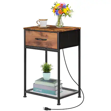 Front. Oumilen - Industrial Nightstand with Charging Station, 1 Fabric Drawer End Table with 2 AC Outlets & 2 USB Ports - Brown.