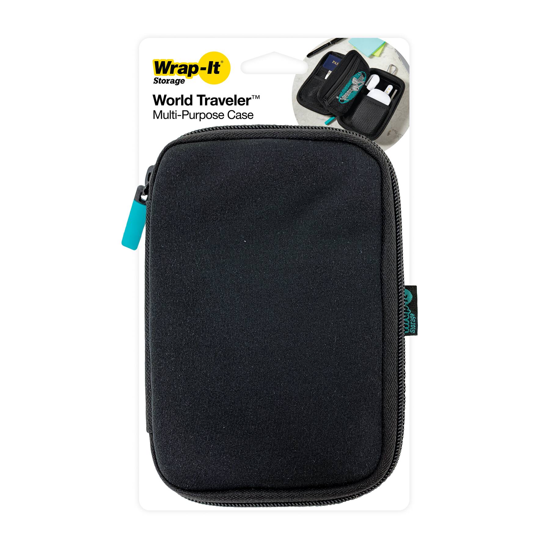 World Traveler by Wrap-It Storage - Soft and Hard-Shell Case with Carabiner Clip - Black
