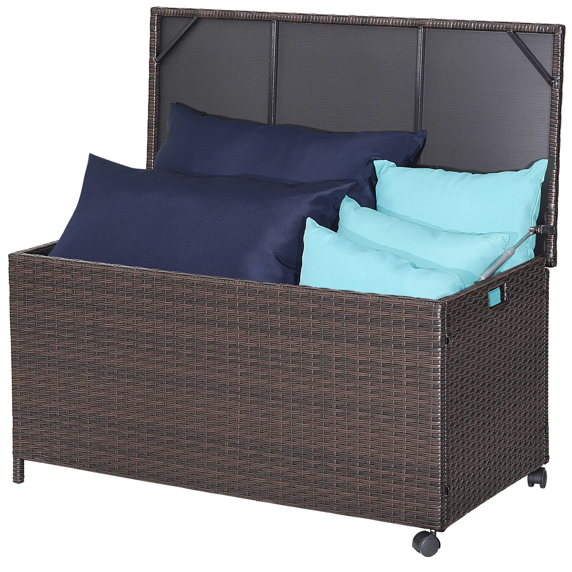 Alt View 9. Gymax - Gymax 50 Gallon Patio PE Wicker Storage Box Rattan Deck Bin w/ Waterproof Liner & Wheels - Mix Brown.