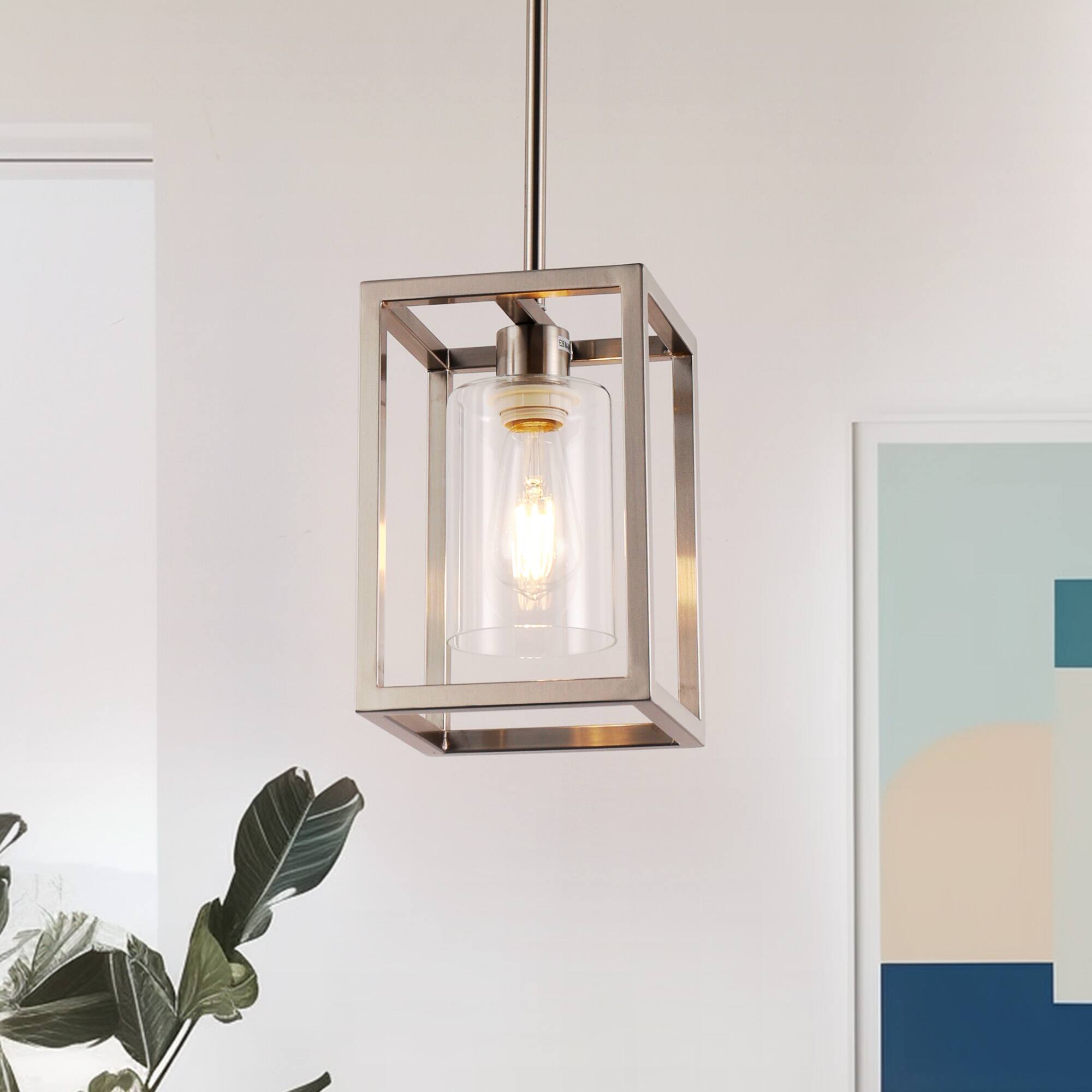 Angle. Jandcase - JANDCASE 1-Light Nickel Pendant Light, Clear Glass Shade, E26 Socket, Non-Integrated Bulbs, for Dining Room - Silver.