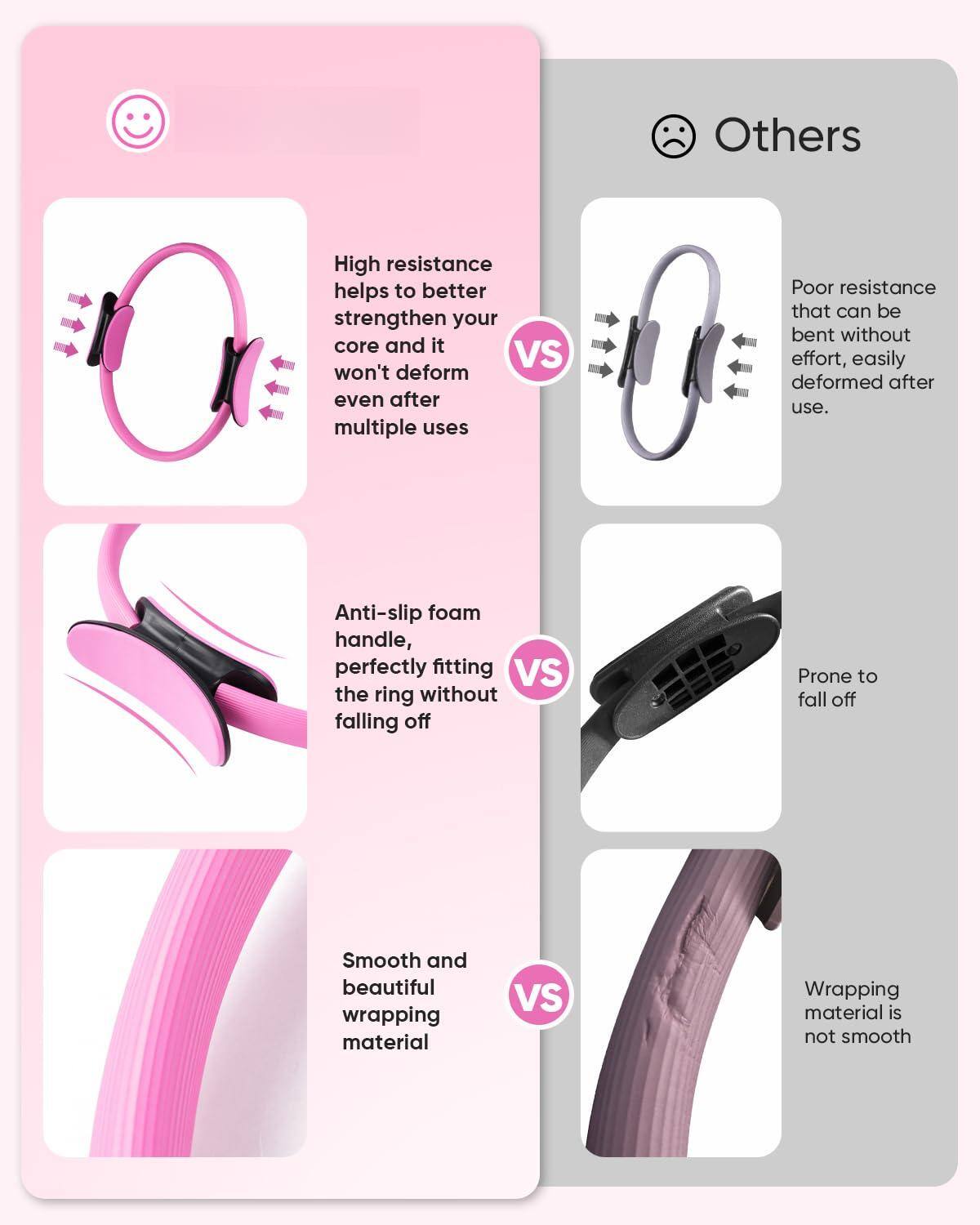 - High resistance helps to better strengthen your core and it won't deform even after multiple uses  
  VS  
  Poor resistance that can be bent without effort, easily deformed after use.

- Anti-slip foam handle, perfectly fitting the ring without falling off  
  VS  
  Prone to fall off

- Smooth and beautiful wrapping material  
  VS  
  Wrapping material is not smooth