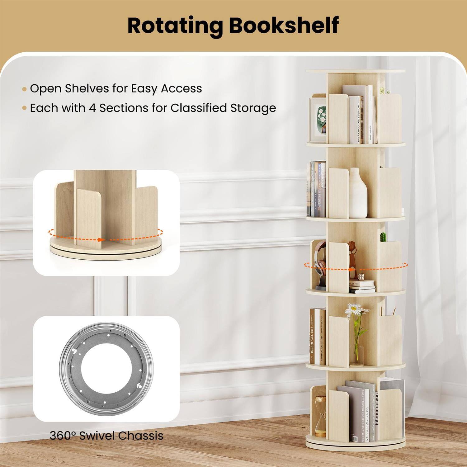 Rotating Bookshelf

- Open Shelves for Easy Access
- Each with 4 Sections for Classified Storage

360° Swivel Chassis