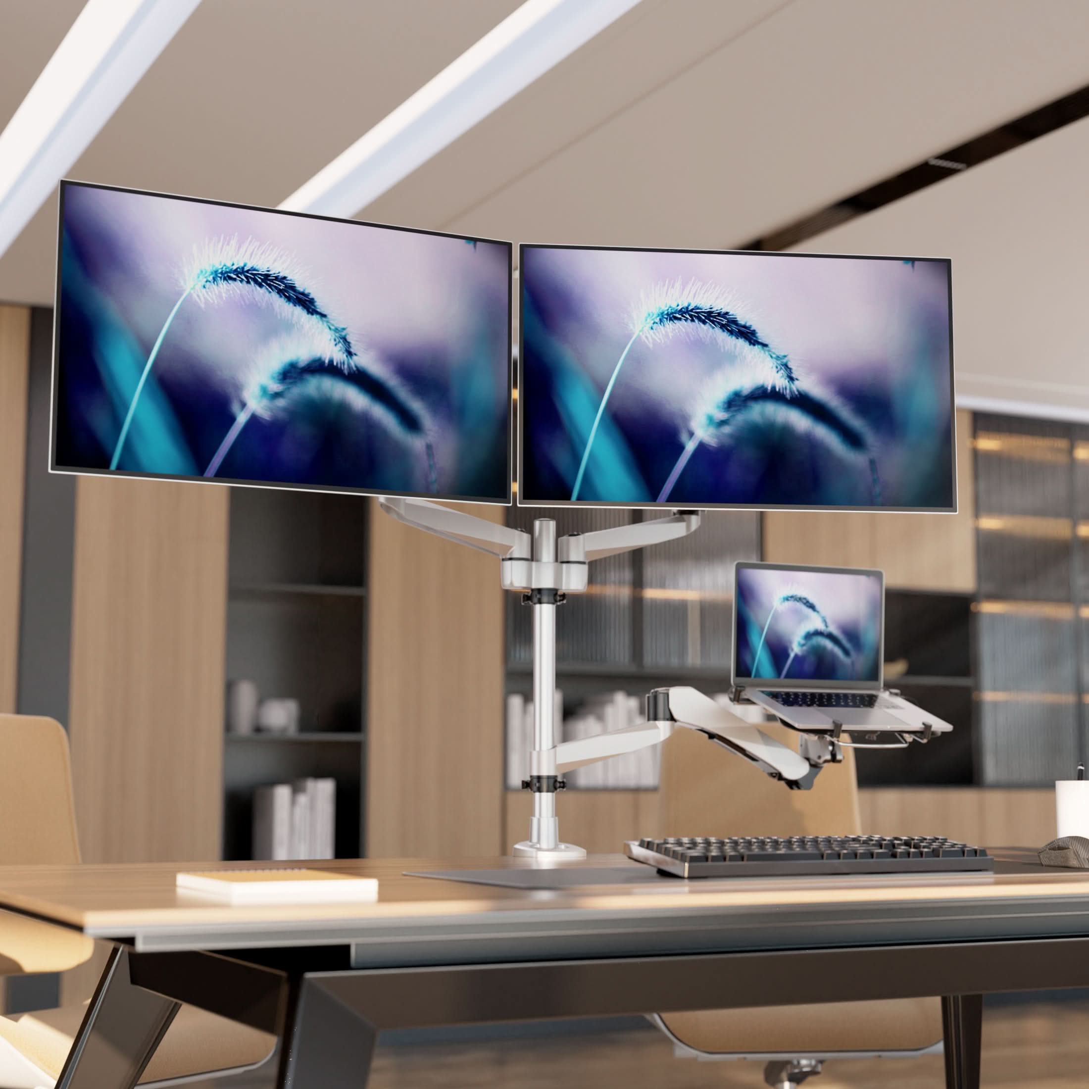 Back. Mount-It! - CLiX Series Full Motion Dual Monitor + Laptop Mount with Cooling Fan Adjustable Arms for 13"–32" Monitors - Silver.