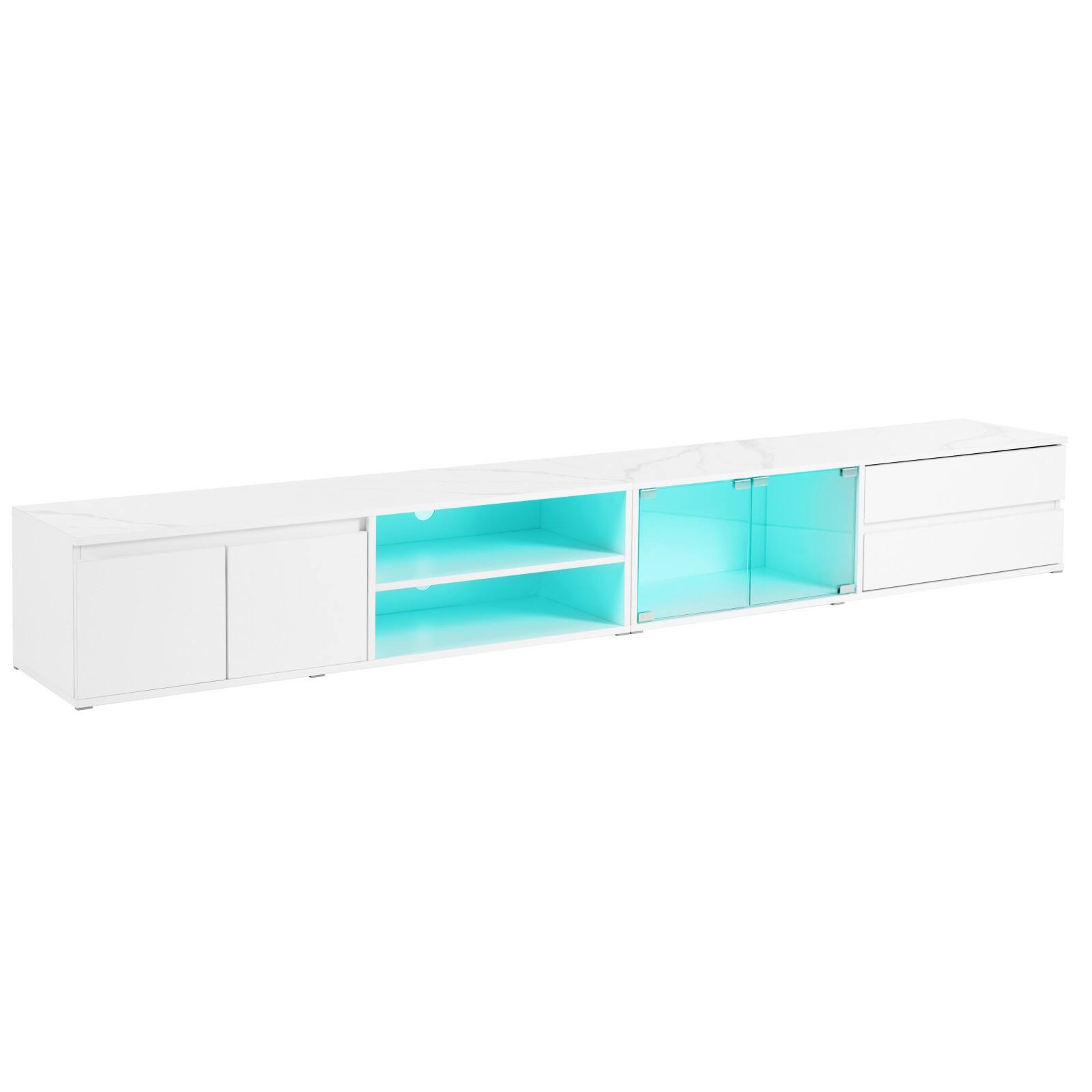 Front. Ecooso - Modern APP Controlled LED TV Stand for TVs Up to 105'', Faux Marble Tabletop， Tempered Glass Doors,2 Drawers & Cabinets - White.