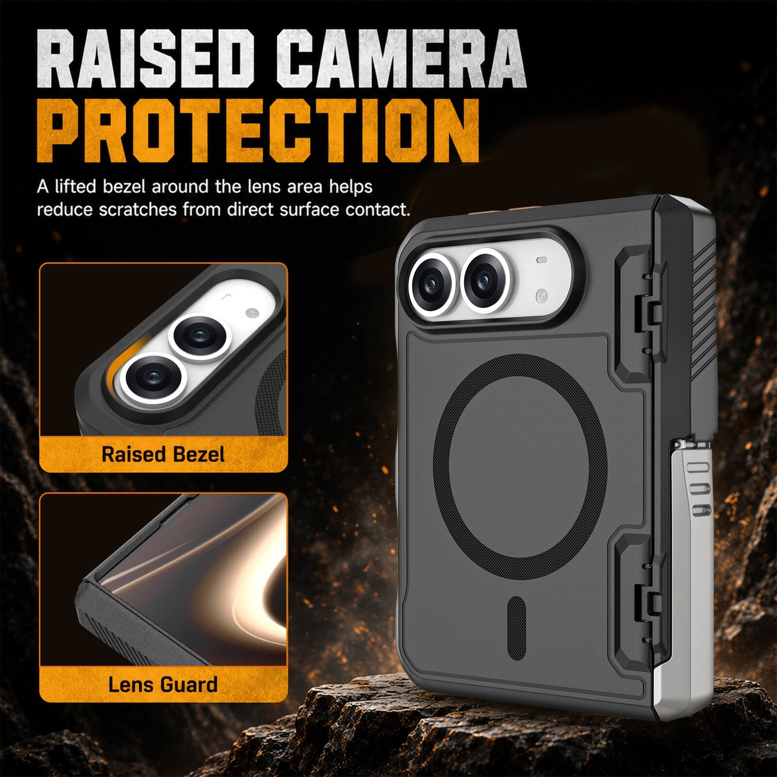 RAISED CAMERA PROTECTION  
A lifted bezel around the lens area helps reduce scratches from direct surface contact.  
Raised Bezel  
Lens Guard