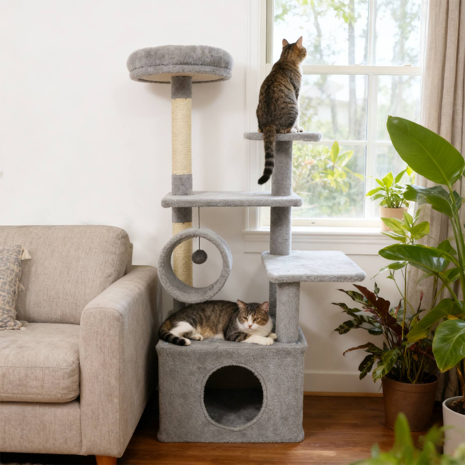 Alt View 3. Gymax - Gymax 48'' Tall Cat Tree w/ Large Condo Padded Top Perch Jute Scratching Post Tunnel Light Grey.