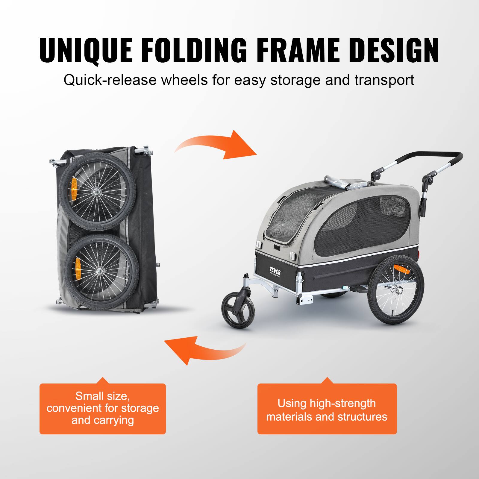 UNIQUE FOLDING FRAME DESIGN  
Quick-release wheels for easy storage and transport  

Small size, convenient for storage and carrying  

Using high-strength materials and structures