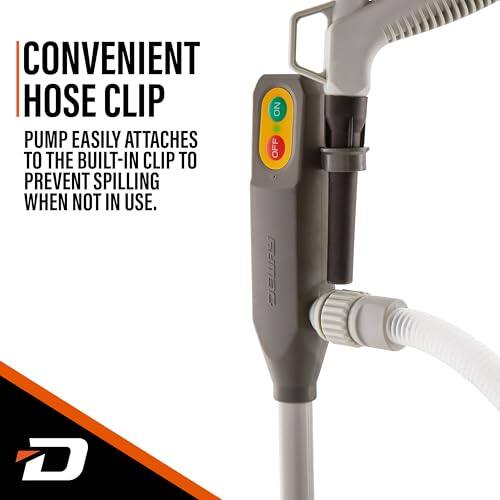 CONVENIENT HOSE CLIP PUMP EASILY ATTACHES TO THE BUILT-IN CLIP TO PREVENT SPILLING WHEN NOT IN USE. NO OFF D