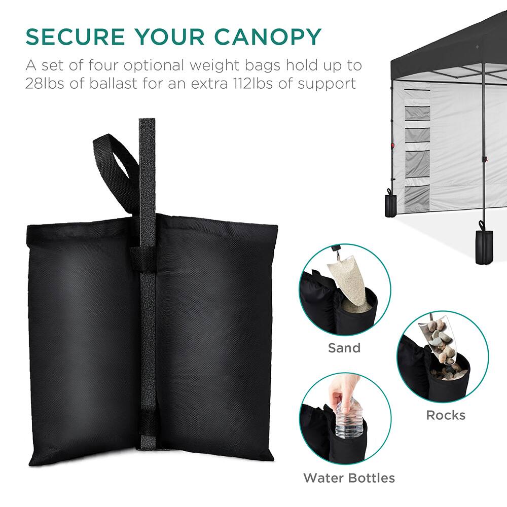 SECURE YOUR CANOPY  
A set of four optional weight bags hold up to 28lbs of ballast for an extra 112lbs of support

Sand  
Rocks  
Water Bottles