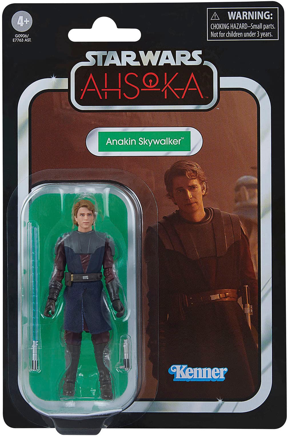 The text on the image reads: "4+ GO906/ E7763 AST. WARNING: CHOKING HAZARD-Small parts. Not for children under 3 years. STAR WARS AHSOKA Anakin Skywalker Kenner."