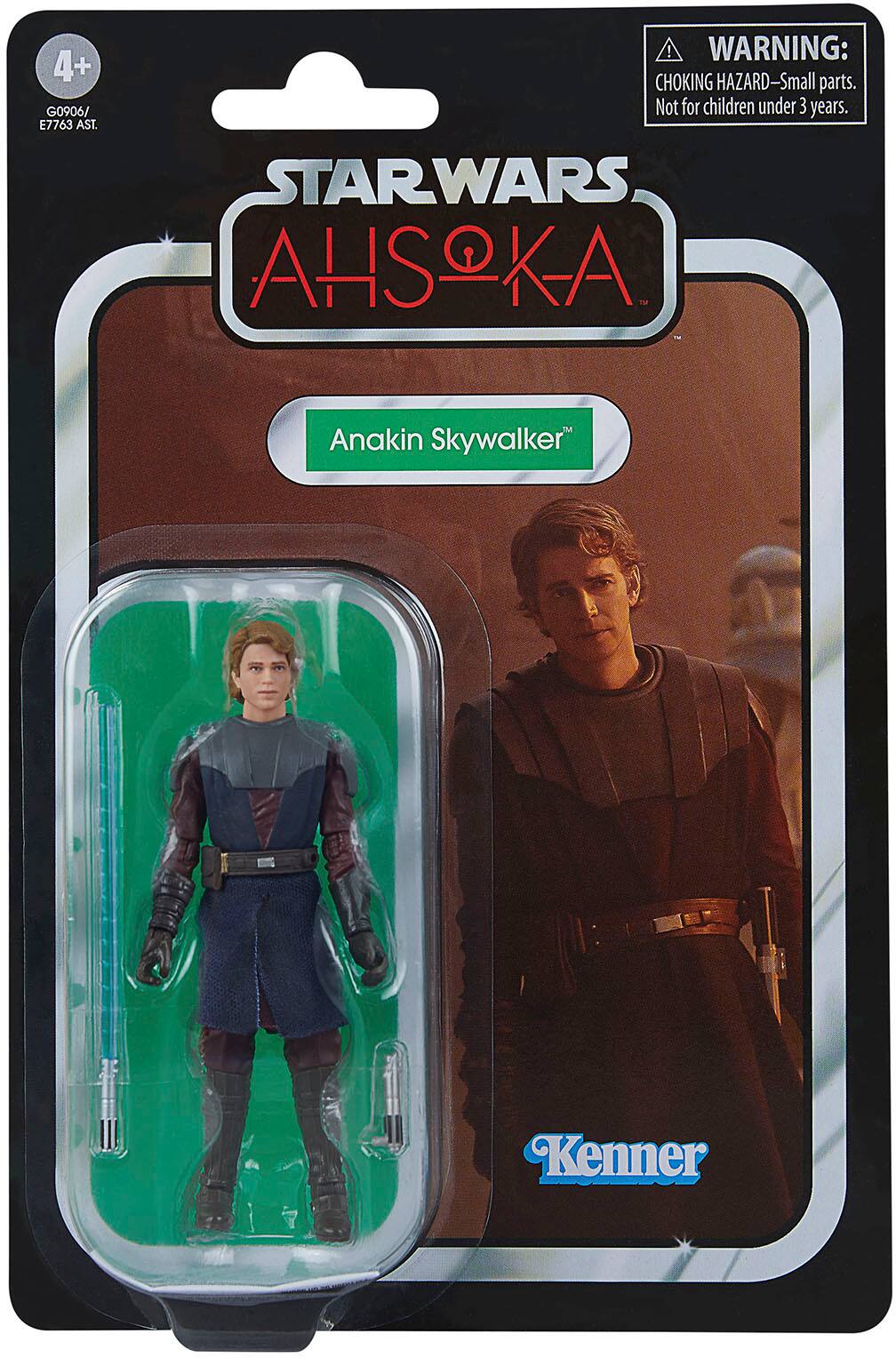 The text on the image reads: "4+ GO906/ E7763 AST. WARNING: CHOKING HAZARD-Small parts. Not for children under 3 years. STAR WARS AHSOKA Anakin Skywalker Kenner."