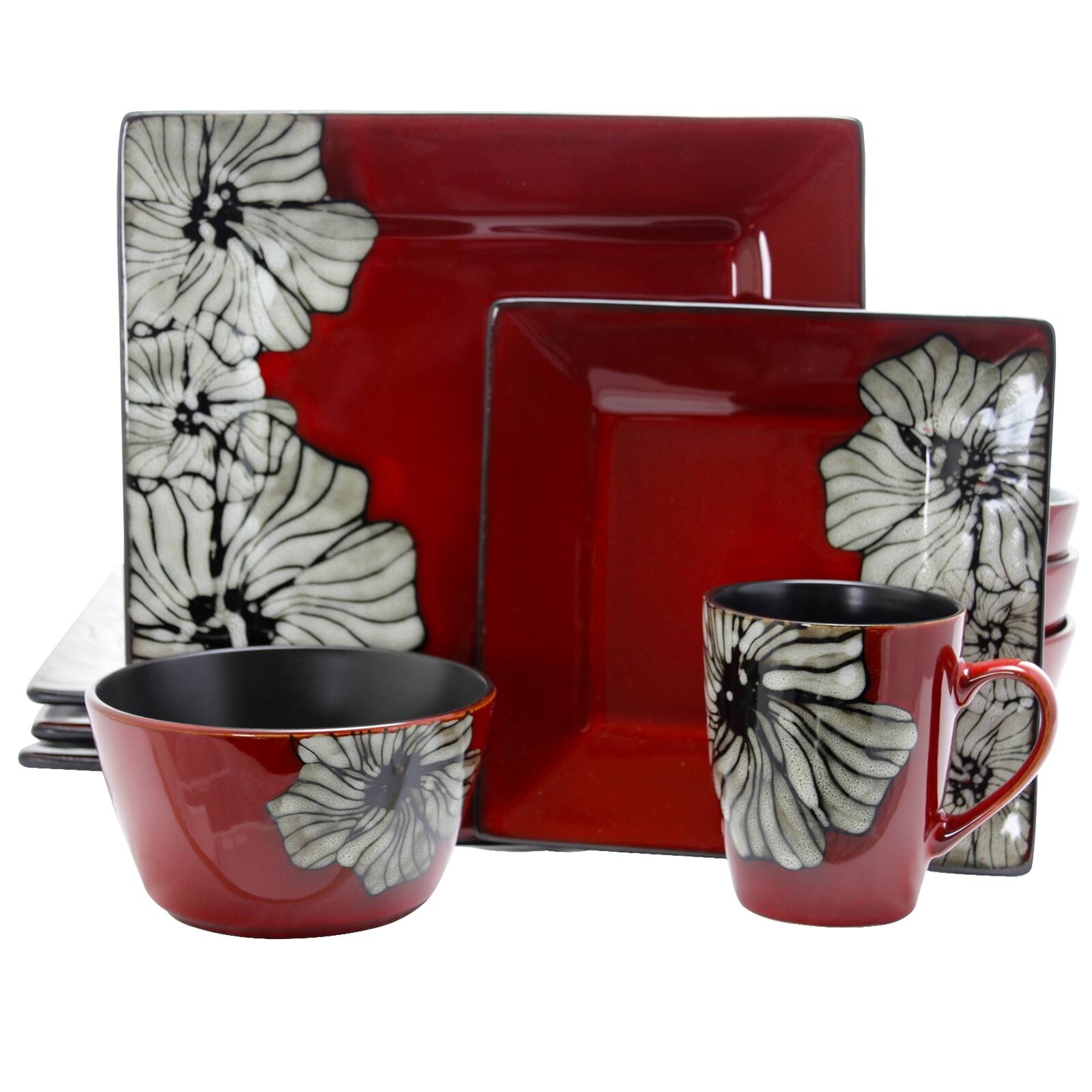 Alt View 5. Elama - Elama Winter Bloom 16 Piece Square Stoneware Dinnerware Set - Red.