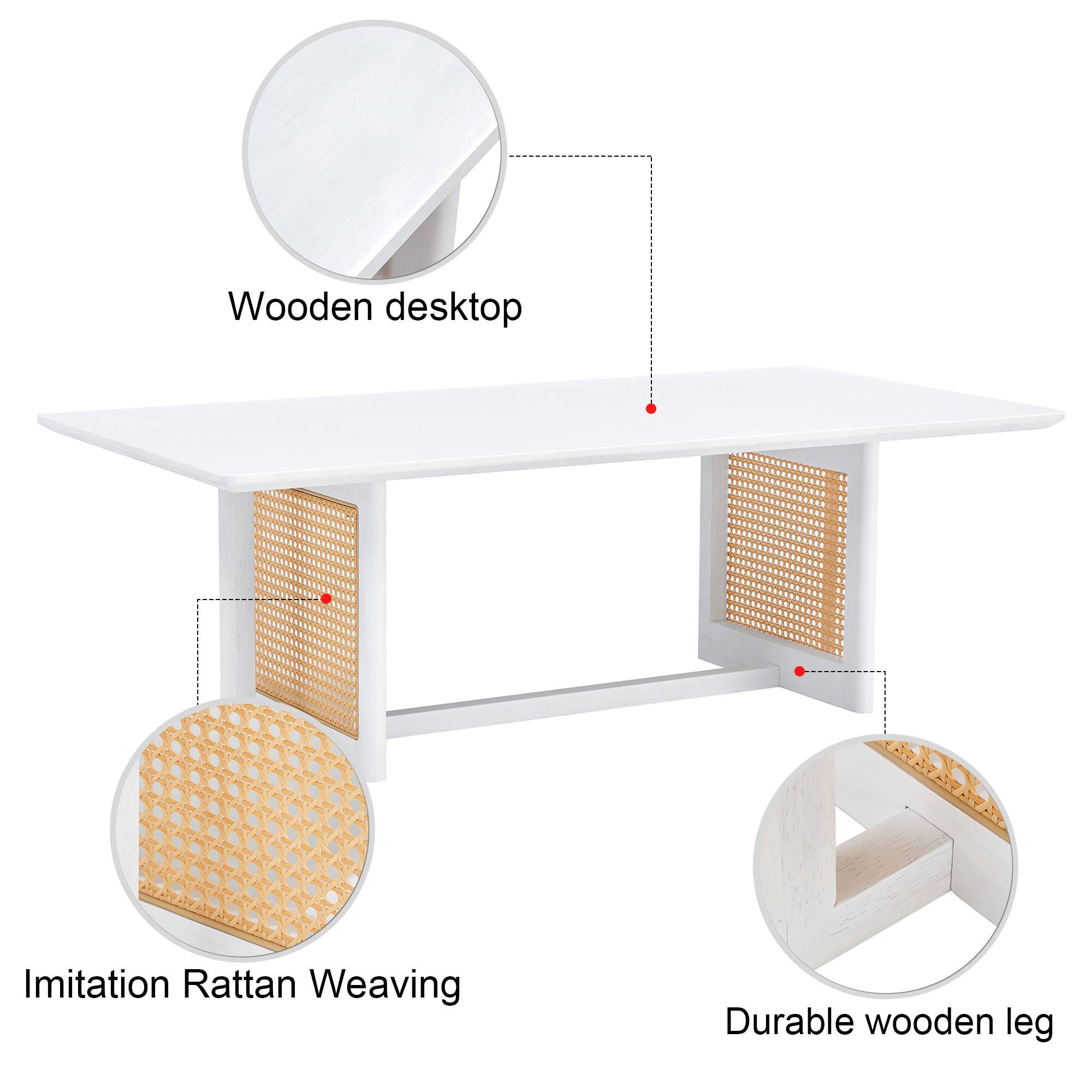 - Wooden desktop
- Imitation Rattan Weaving
- Durable wooden leg