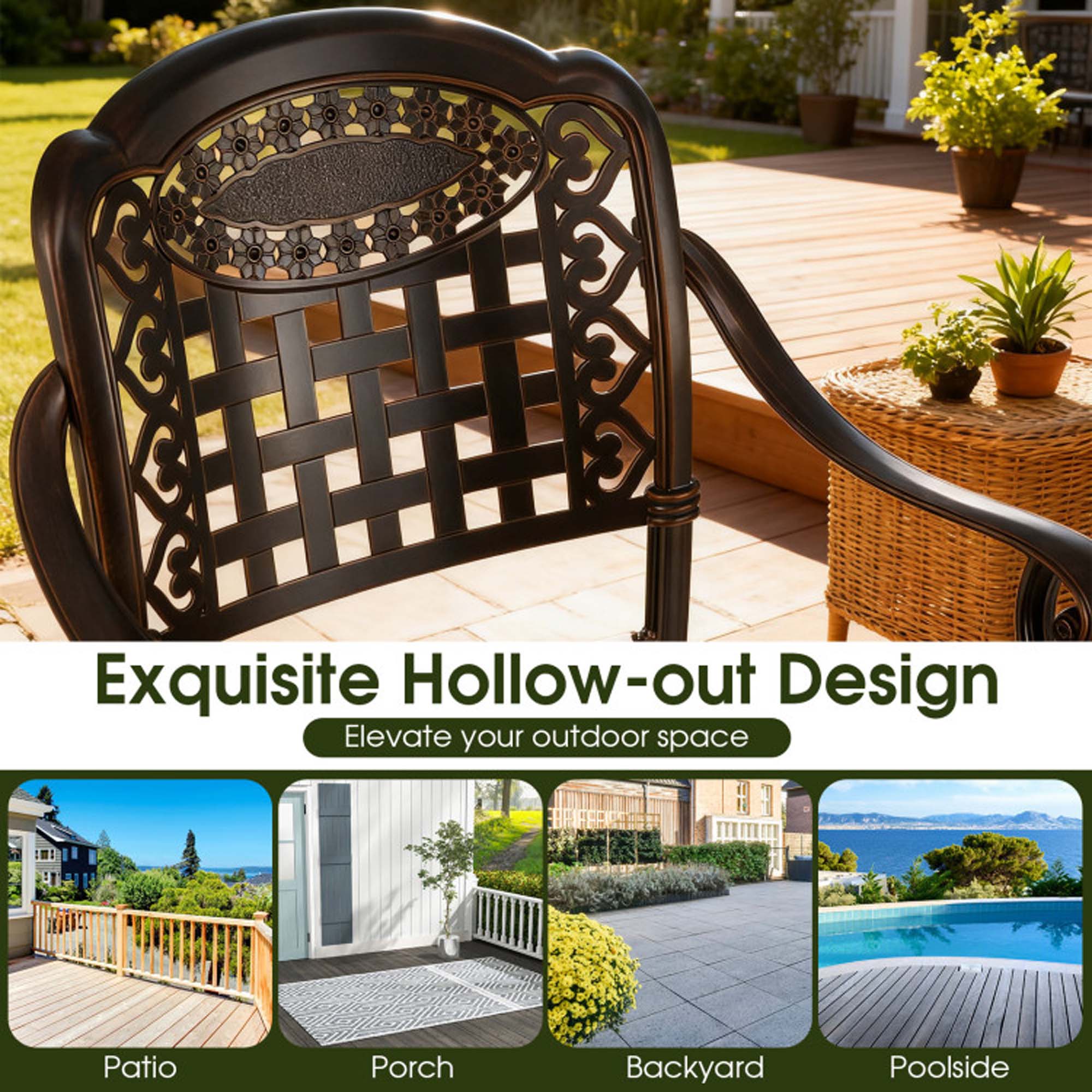 Exquisite Hollow-out Design  
Elevate your outdoor space  

Patio  
Porch  
Backyard  
Poolside