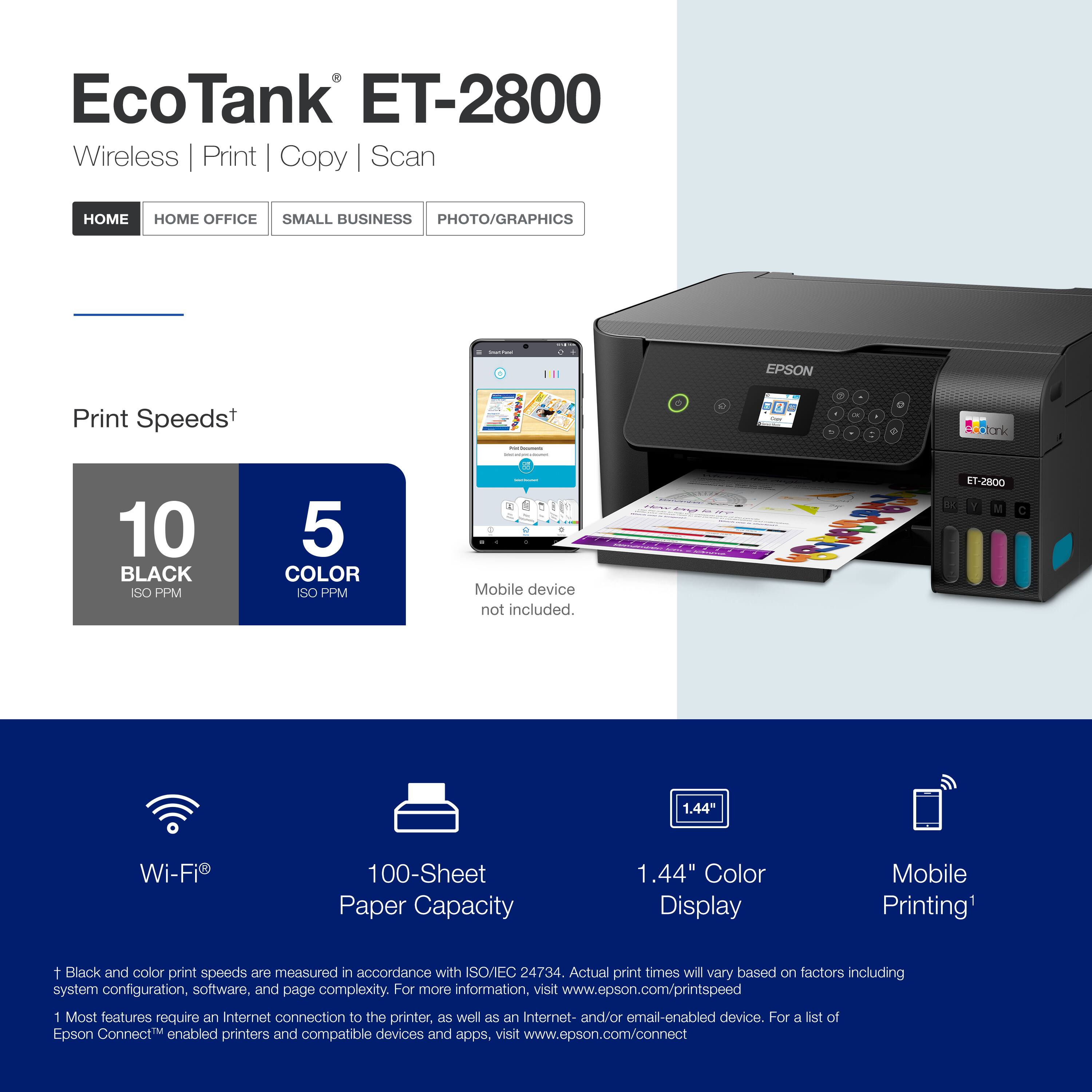 EcoTank ET-2800 Wireless Print Copy Scan HOME OFFICE SMALL BUSINESS PHOTO/GRAPHICS EPSON Print Speeds+ | g . - - + blonk 10 BLACK SO PPM 5 COLOR ISO PPM  - Mobile device not included. ET-2800 1 V . 1.44" Wi-Fi 100-Sheet Paper Capacity 1.44" Color Display Mobile Printing1 t Black and color print speeds are measured in accordance with ISO/IEC 24734. Actual print times will vary based on factors including system configuration, software, and page complexity. For more information, visit [www.epson.com/printspeed](http://www.epson.com/printspeed). 1 Most features require an Internet connection to the printer, as well as an Internet- and/or email-enabled device. For a list of Epson Connect enabled printers and compatible devices and apps, visit [www.epson.com/connect](http://www.epson.com/connect).