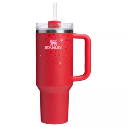 Front. Stanley - Stanley 40 oz Stainless Steel H2.0 Flowstate Quencher Tumbler Water Bottle - Valentine's Day - Sweet Hearts Red.