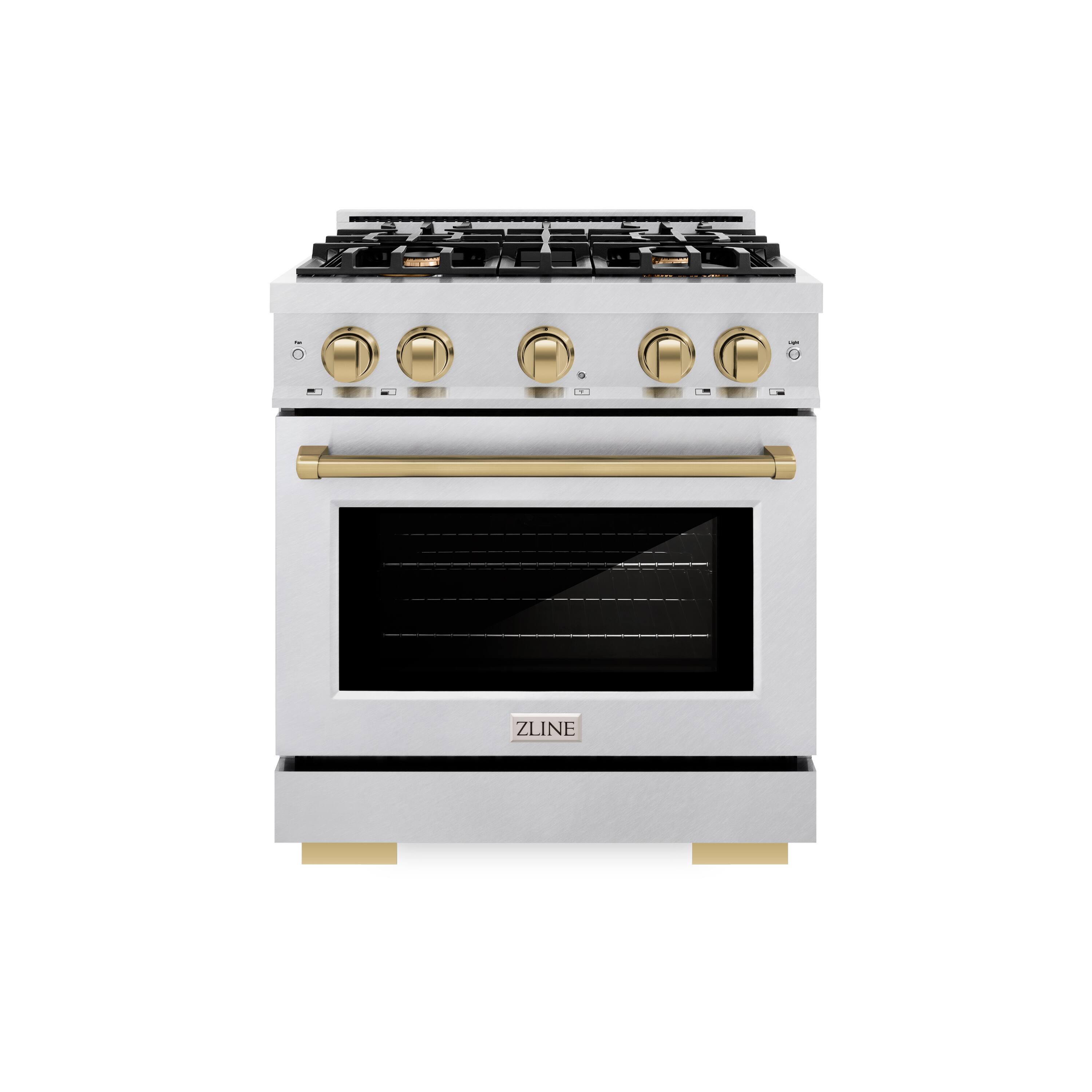 Angle. ZLINE - ZLINE Autograph 30 in. 4.2 cu. ft. Freestanding Select Satin Steel Gas Range w/ 4 Burners & Bronze Accents - Satin Stainless Steel.