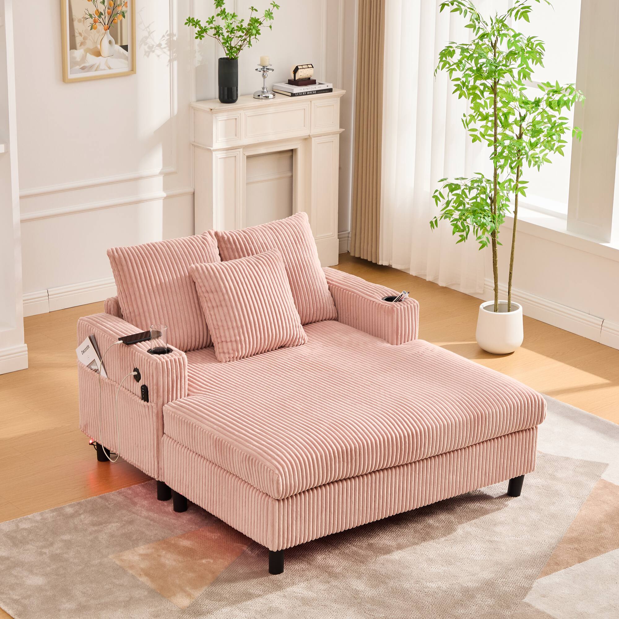 Alt View 6. Trinkets Crazed - Modern Corduroy Oversized Recliner Sofa with Deep Seat, USB Charging,RGB LED Light Strip - Pink.