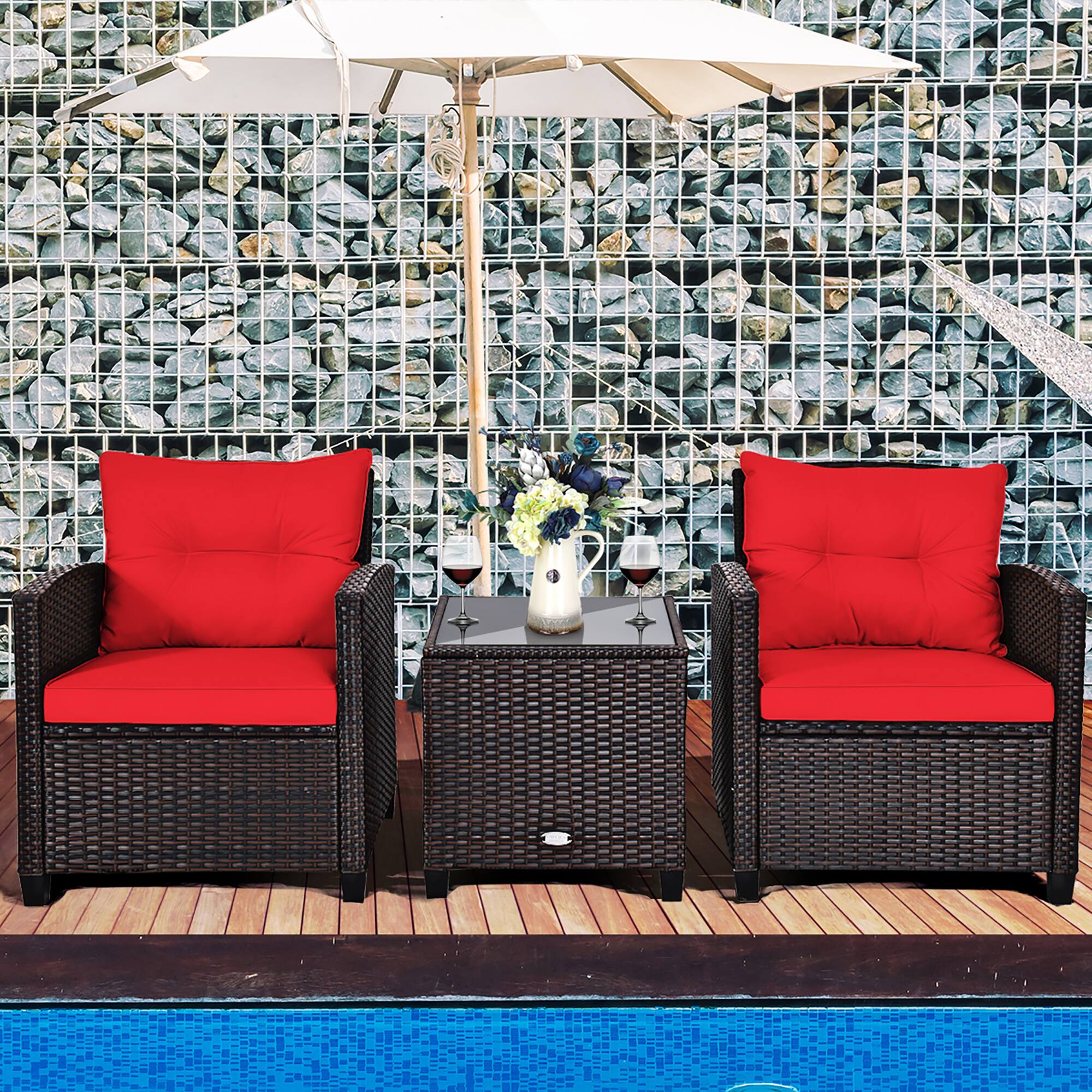 Alt View 3. Costway - 3PCS Patio Rattan Furniture Set Cushion Conversation Set Sofa Coffee Table - Red.