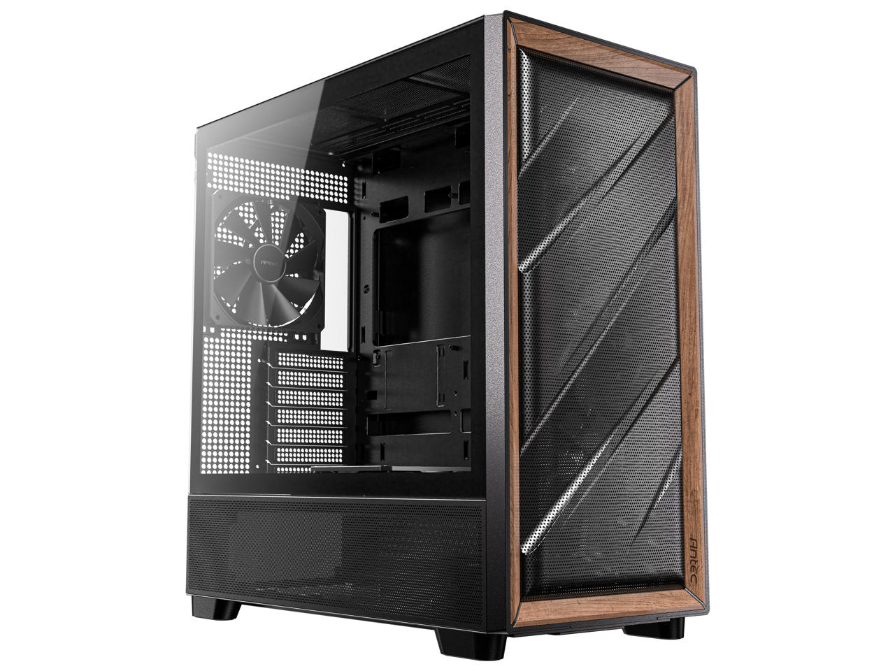 Alt View 1. Antec - Antec FLUX Wood, 5 PWM Fans, Walnut Front, Type-C, 420mm Radiator, Back Connect, Up to 9 Fans, Mid-Tower E-ATX Case - Walnut.