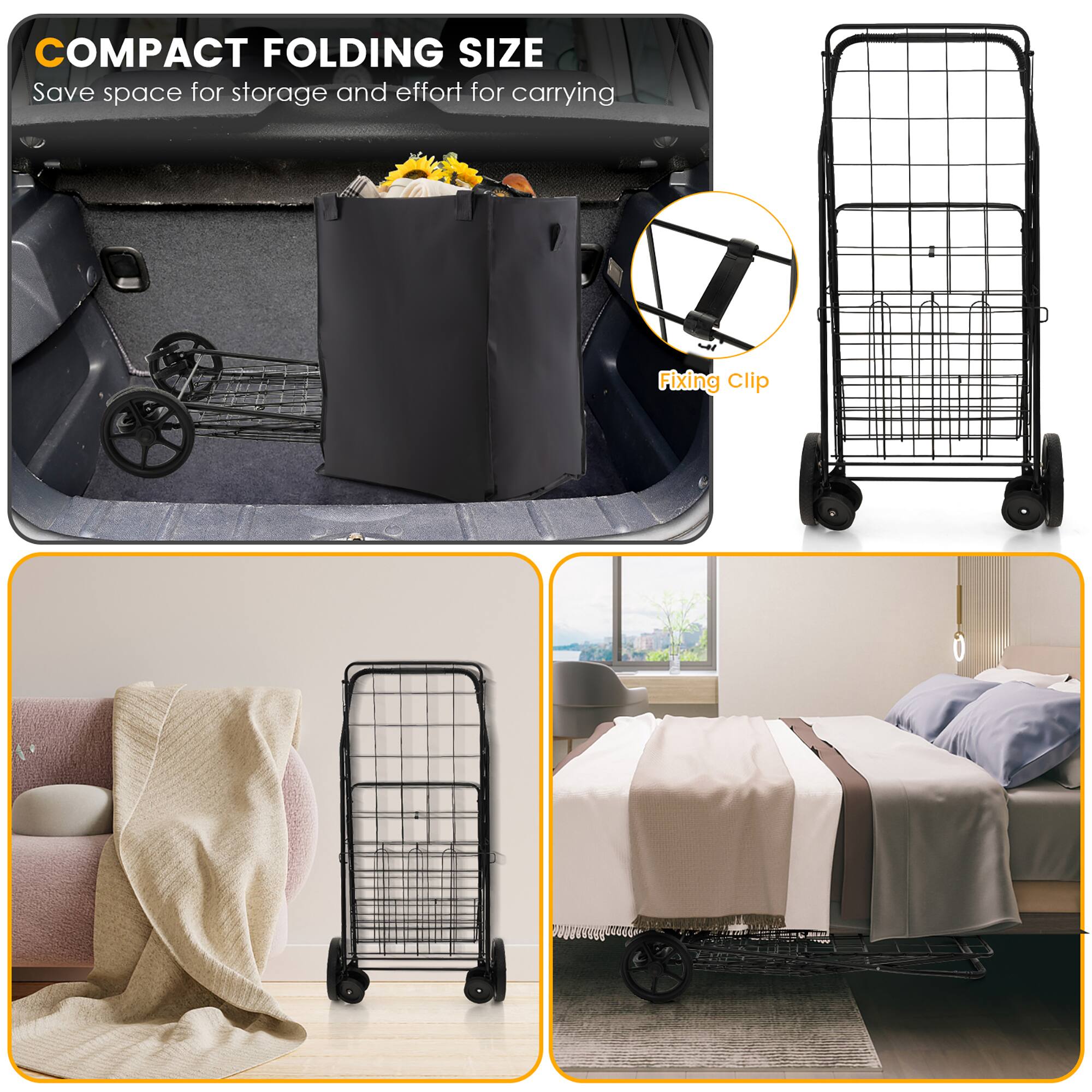 The text on the image reads: "COMPACT FOLDING SIZE Save space for storage and effort for carrying Fixing Clip."