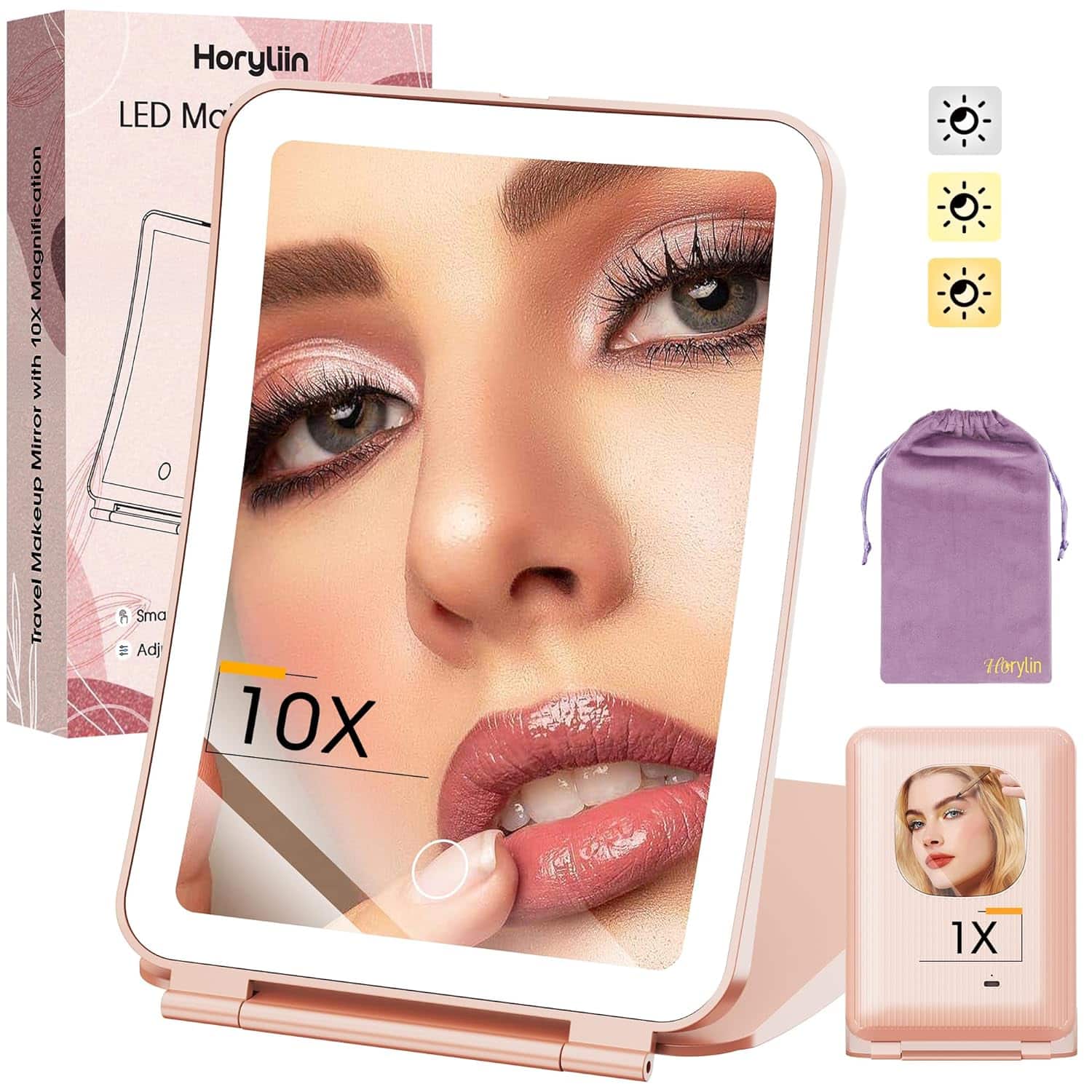 Stamp n Camp - Travel Makeup Mirror with Lights and Magnification 10X, Upgraded Triple-Fold Portable Magnifying Mirror, Adjustable LED - Pink