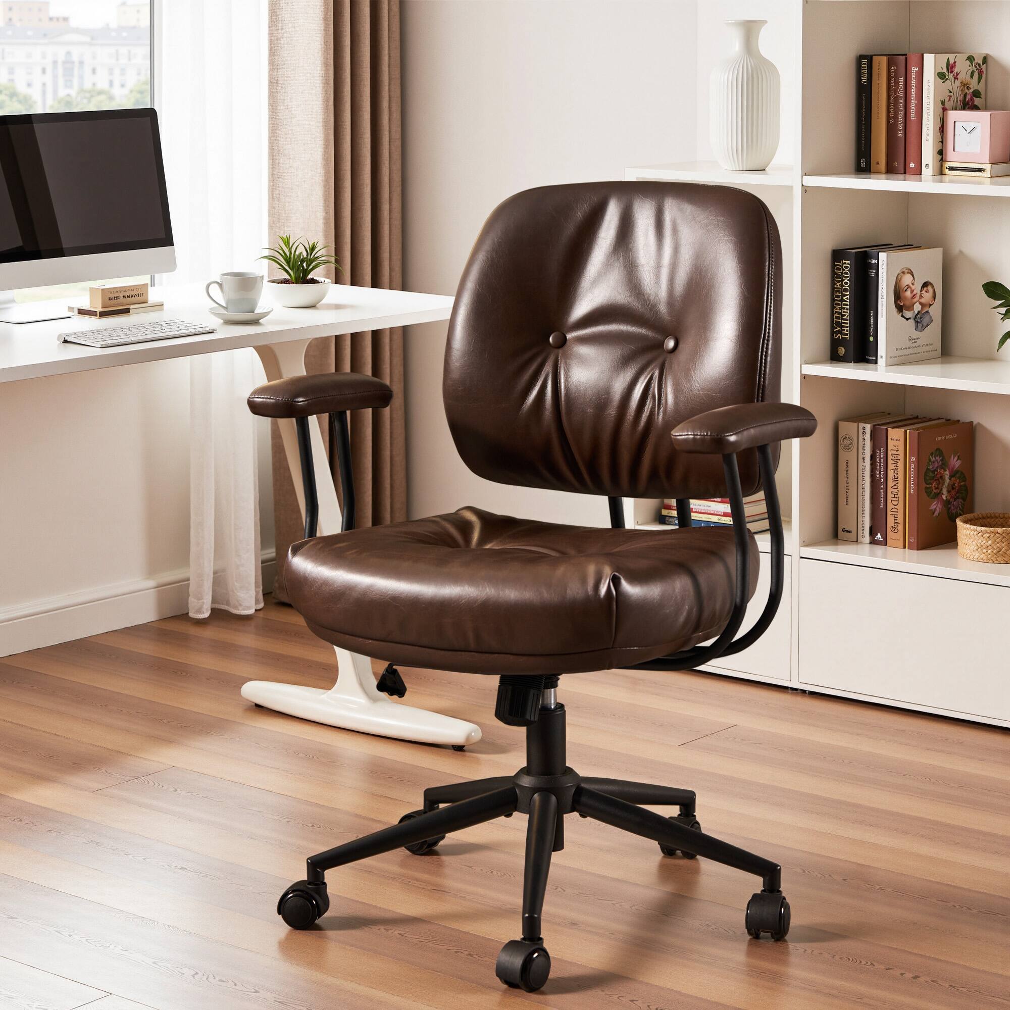 Ovios - Executive Office Chair, 300lbs Capacity, Mid Back PU Leather Chair, Ergonomic Computer Chair - Dark Brown