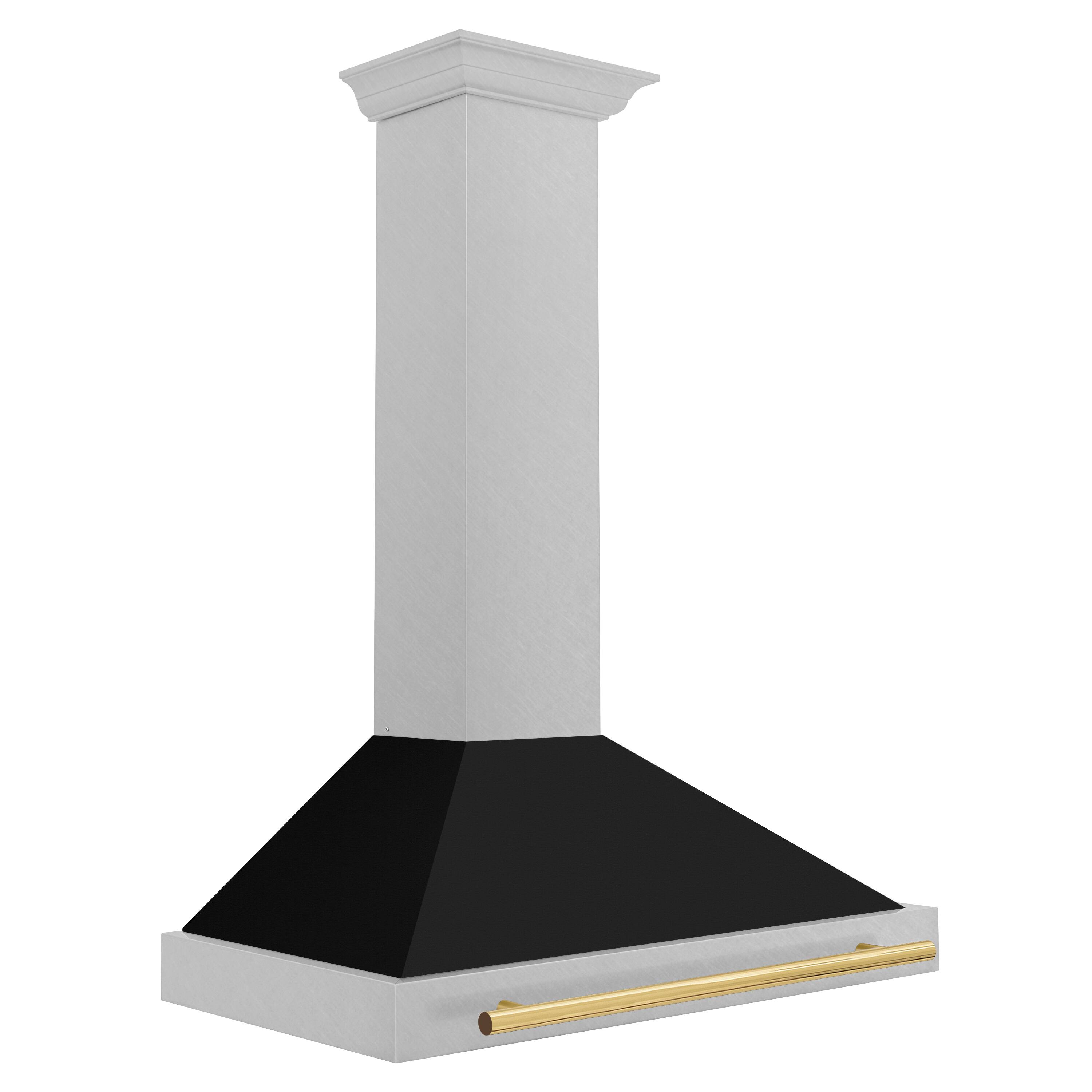 Left. ZLINE - ZLINE Autograph Edition 36 in. Convertible Satin Steel Wall Hood with Black Shell and Gold Handle - Satin Stainless Steel.