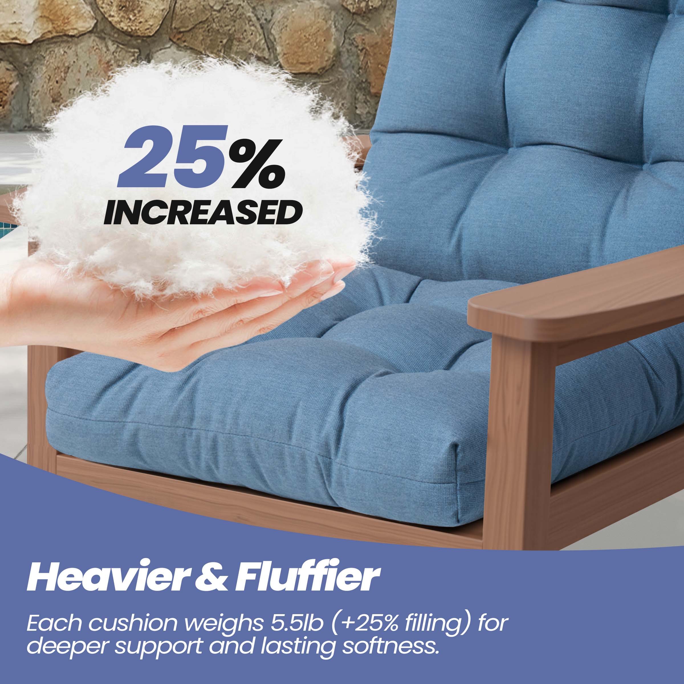 25% Increased

Heavier & Fluffier

Each cushion weighs 5.5lb (+25% filling) for deeper support and lasting softness.