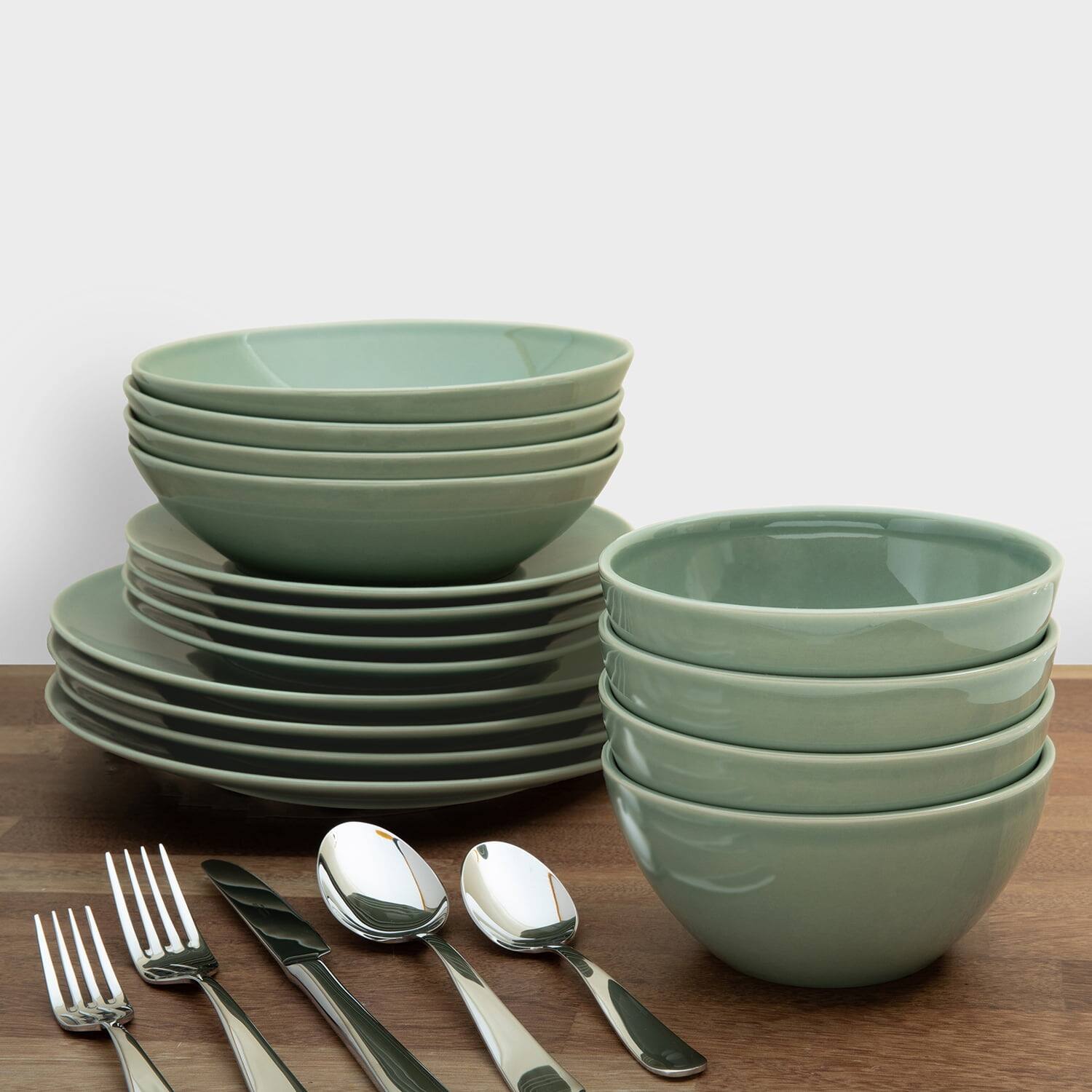 Alt View 1. Larder & Vine - 16-Piece Classic Dinnerware Set for 4, Ceramic Stoneware Made in Portugal - Sage.