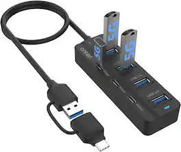 Core Tech - 7-Port USB-A and USB-C Hub with 4 USB 3.0 Ports, 3 USB-C Ports and 3.2 ft Cable - Black
