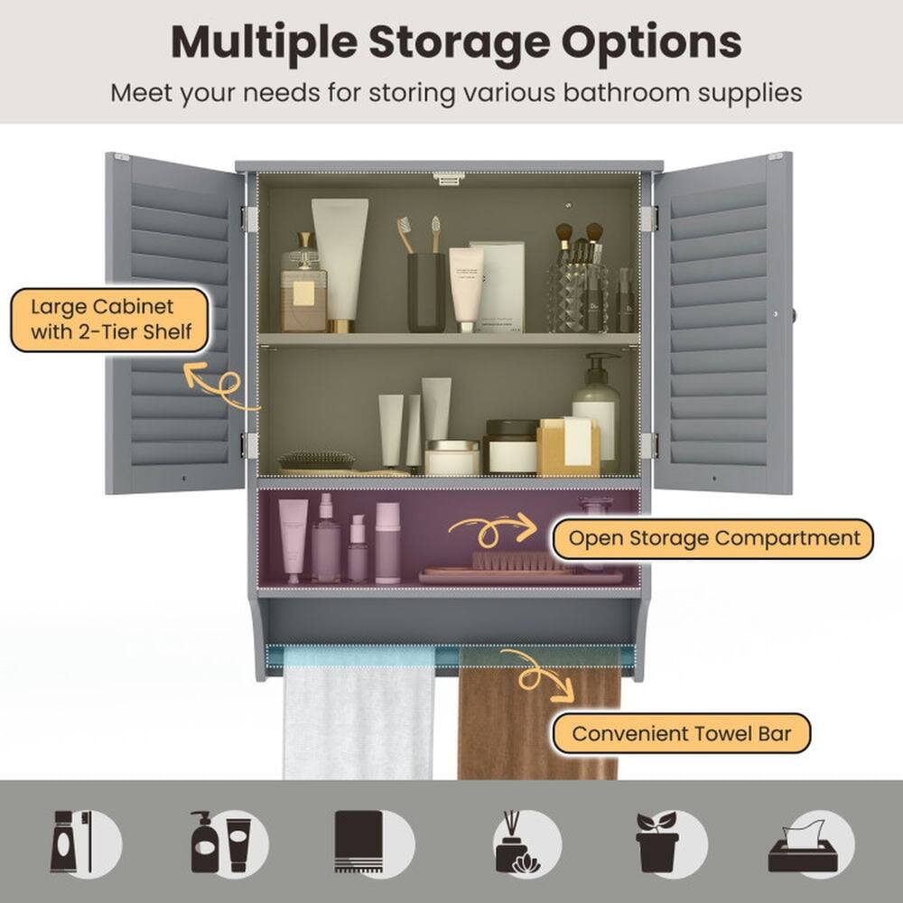 Multiple Storage Options  
Meet your needs for storing various bathroom supplies  

- Large Cabinet with 2-Tier Shelf  
- Open Storage Compartment  
- Convenient Towel Bar
