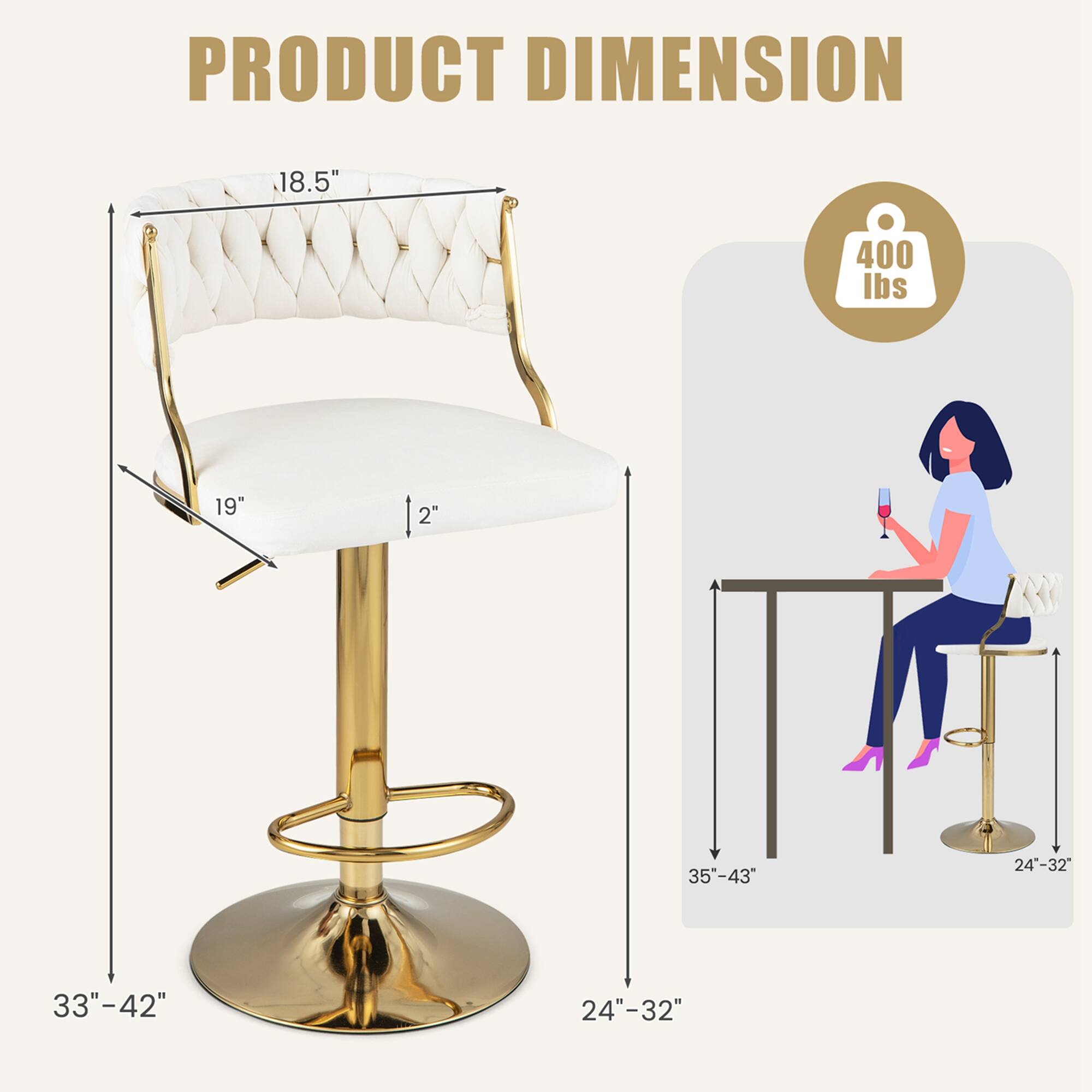 PRODUCT DIMENSION 18.5" 400 lbs 19" 2 35"-43" 24"-32" 33"-42" 24"-32"