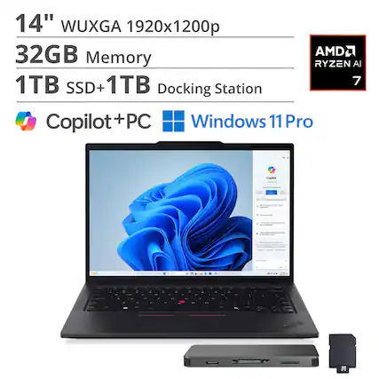 14" WUXGA 1920x1200p
32GB Memory
1TB SSD + 1TB Docking Station
AMD Ryzen AI 7
Copilot + PC
Windows 11 Pro