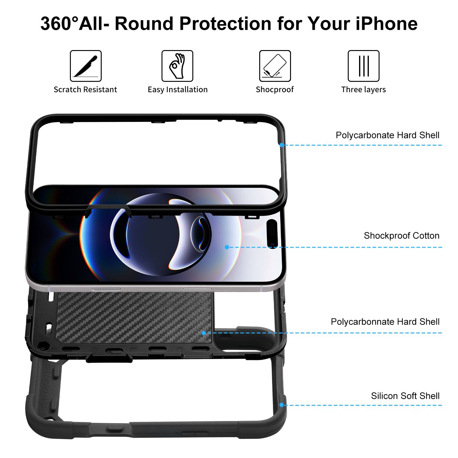 360° All-Round Protection for Your iPhone

- Scratch Resistant
- Easy Installation
- Shockproof
- Three layers

- Polycarbonate Hard Shell
- Shockproof Cotton
- Polycarbonate Hard Shell
- Silicon Soft Shell