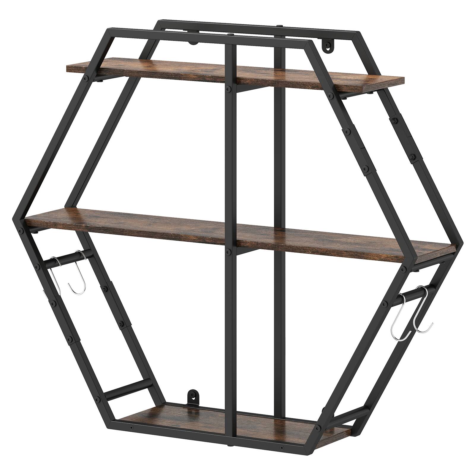 Alt View 9. Gymax - Gymax Hexagon Shelf for Wall 3-Tier Geometric Bookcase w/4 S-Shaped Hooks Metal Frame - Brown.