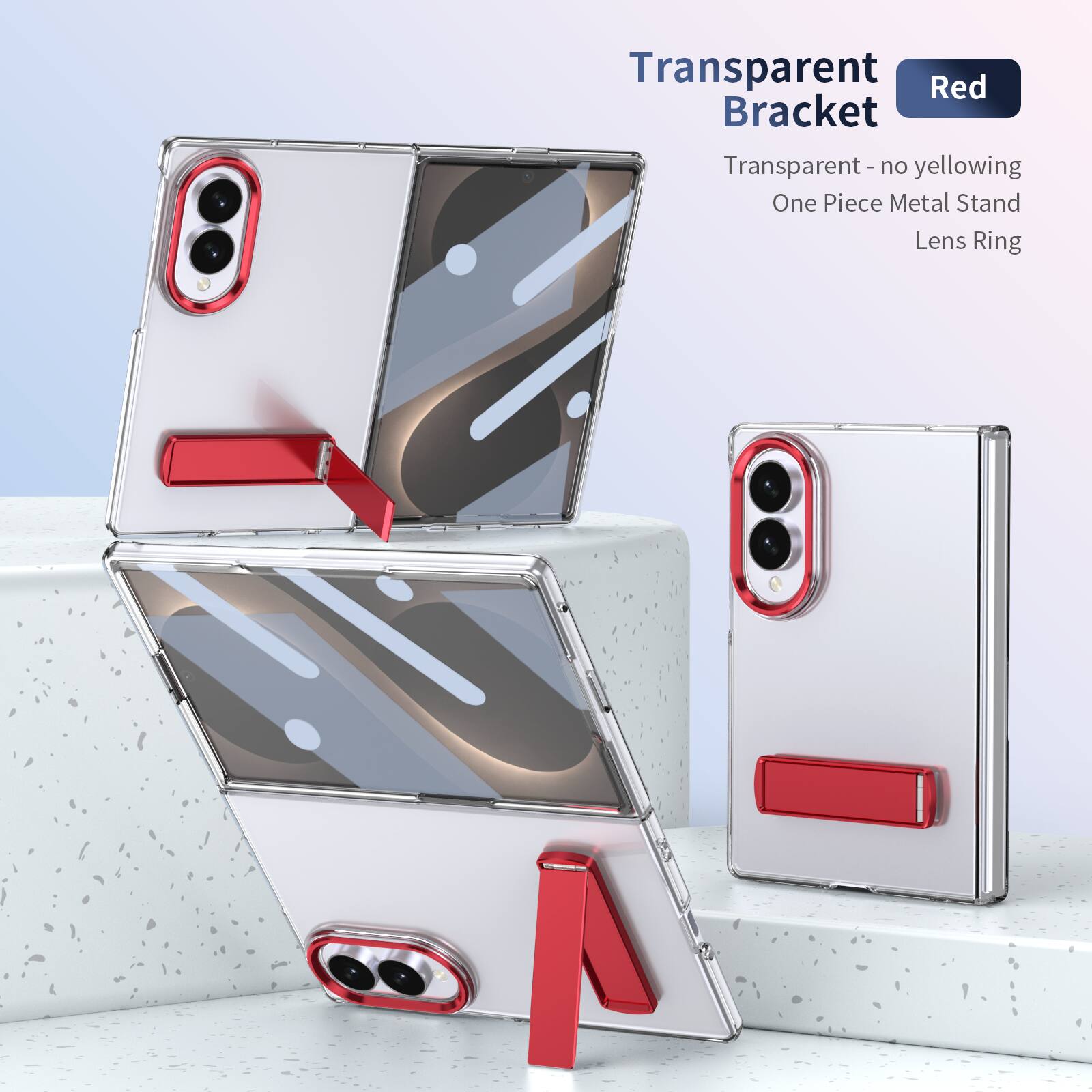 Transparent Bracket  
Red  
Transparent - no yellowing  
One Piece Metal Stand  
Lens Ring