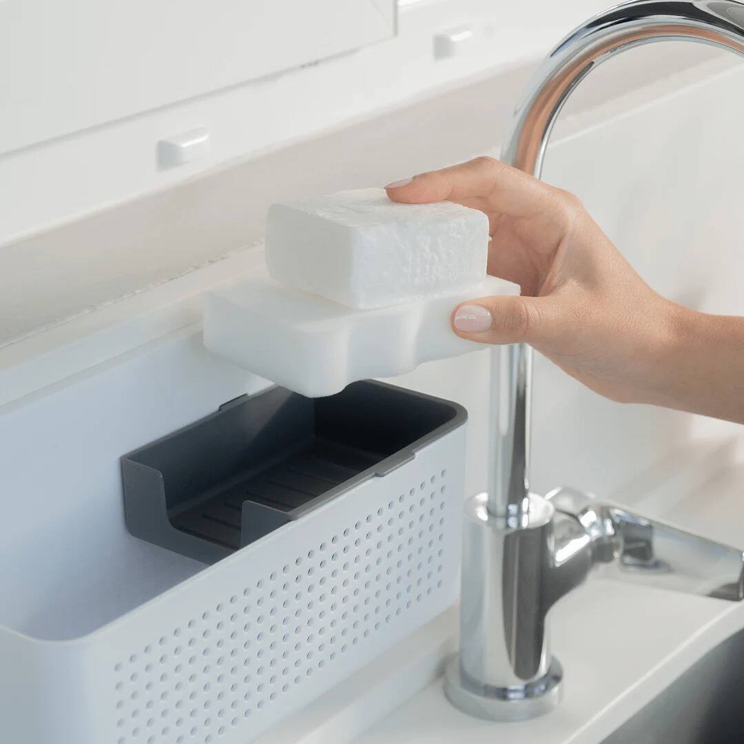 Back. OU - Kitchen Sink Organizer Set, Wall Mounted Caddy with Removable Sponge Tray & Scrub Brush.