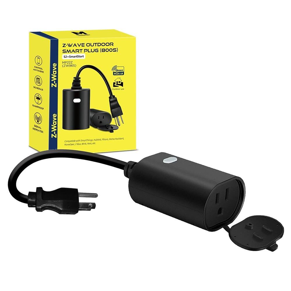 Z-Wave Outdoor Smart Plug (800S)  
S2-SmartStart  
MP222 (ZW96S)  

Features:  
- Control Anywhere  
- Schedule  
- RampUp  
- Signal Repeater  

PLUS LR  
Outdoor Use  

Compatible with SmartThings, Hubitat, Fibaro, Home Assistant, HomeSeer, Z-Wave Hub, etc.