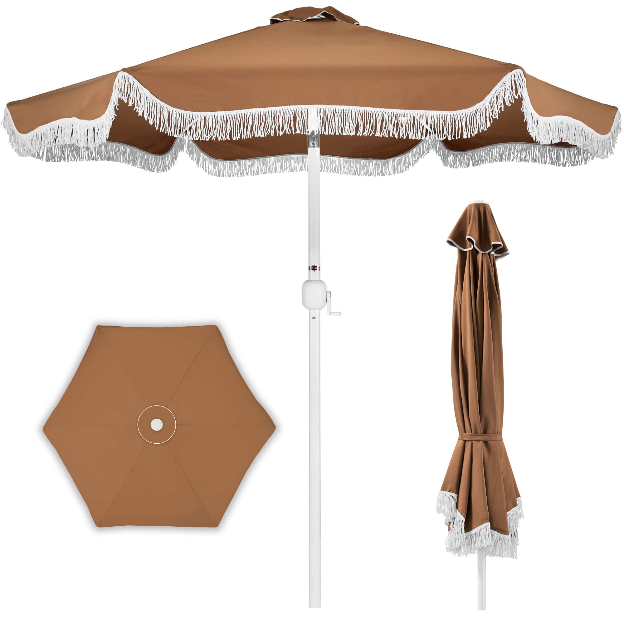 Best Choice Products - 9ft Fringe Market Umbrella Boho Patio Sunshade w/ Tilt, UPF50+ - Tan