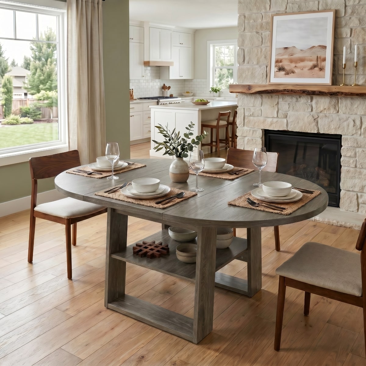 Loheer - Extendable Round Dining Table, Round to Oval Dining Table for Four to Six - Gray