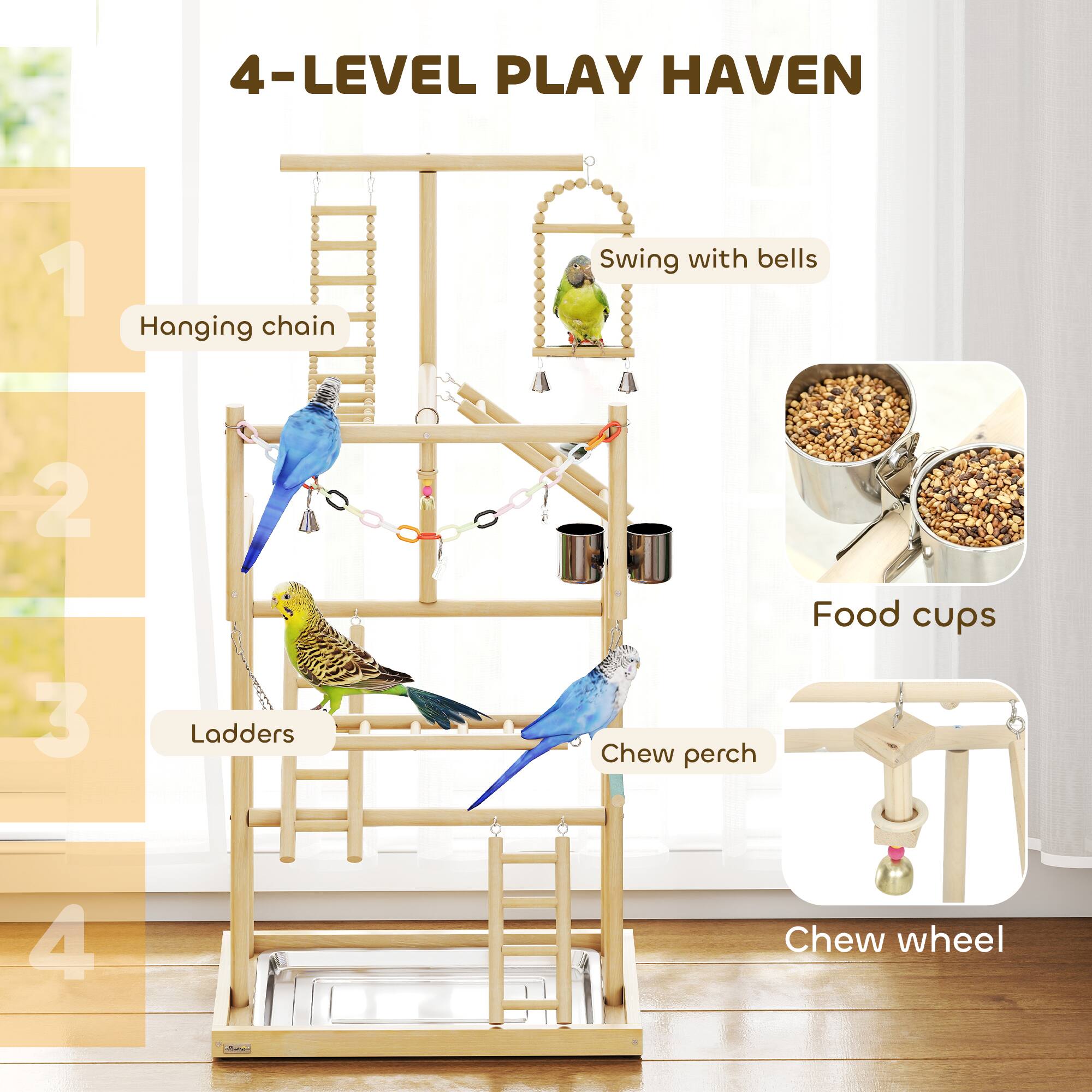4-LEVEL PLAY HAVEN

1. Hanging chain
2. Swing with bells
3. Ladders
4. Chew perch
5. Food cups
6. Chew wheel